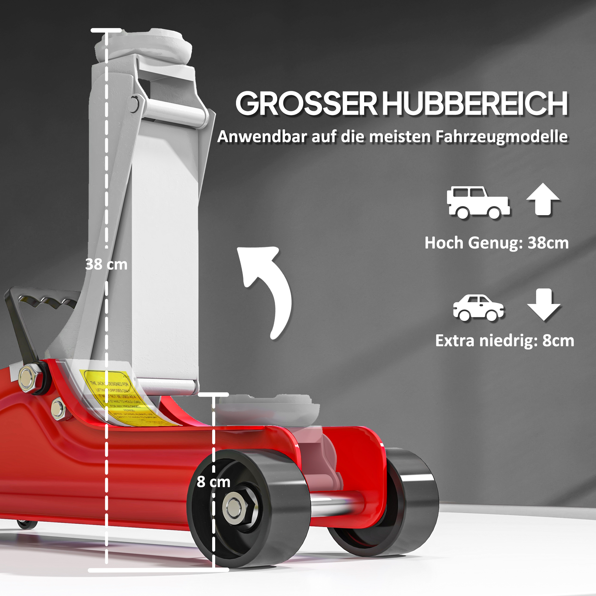 Wagenheber, 8-38 cm Höhe, 2,5 Tonnen Tragfähigkeit, Stahl, rollbar, Rot