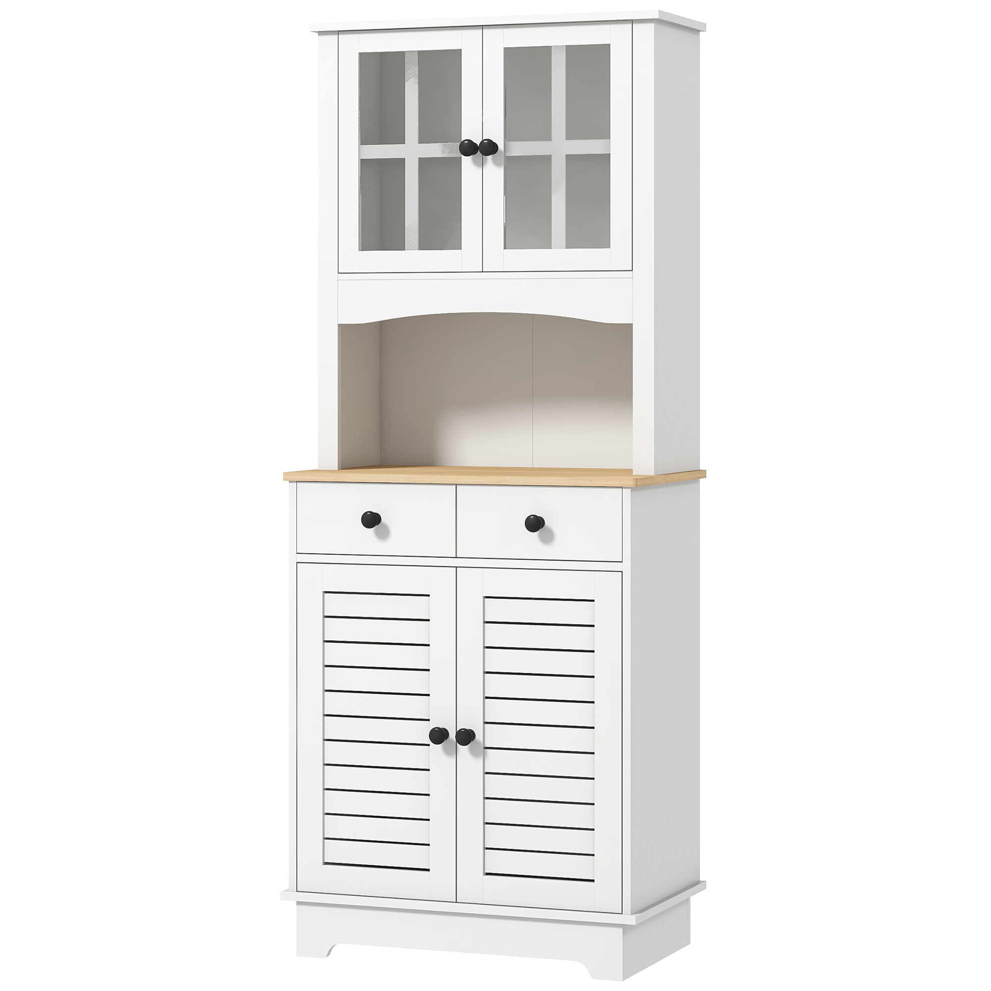 Küchenschrank mit Glastüren, 2 Schubladen, Geschirrschrank, Esszimmerschrank, Holz, 68 x 39,5 x 170 cm, Weiß