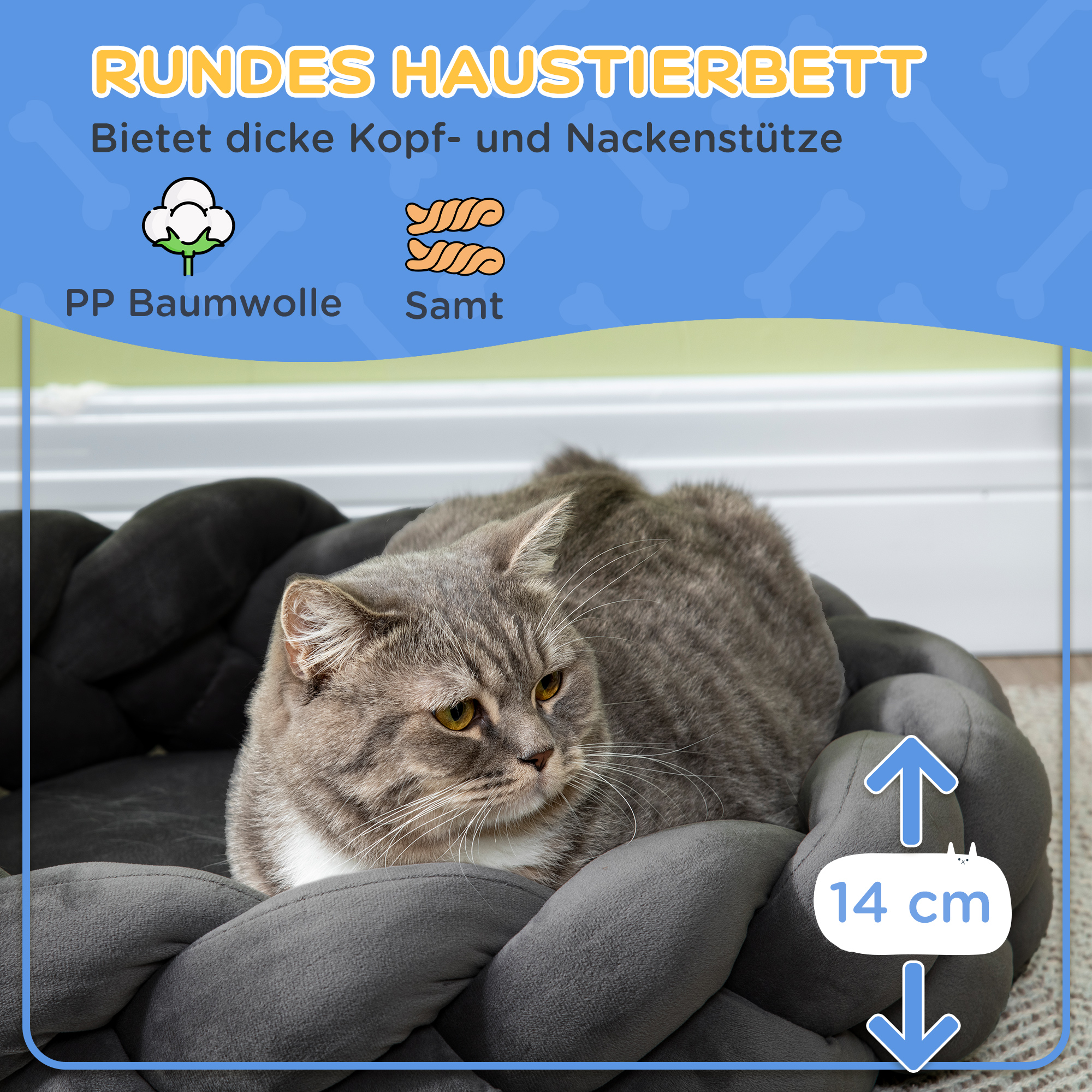 Haustierbett inkl, Kissen, Katzenbett, Hundekorb, waschbar, 55 cm x 55 cm x 14 cm, Grau