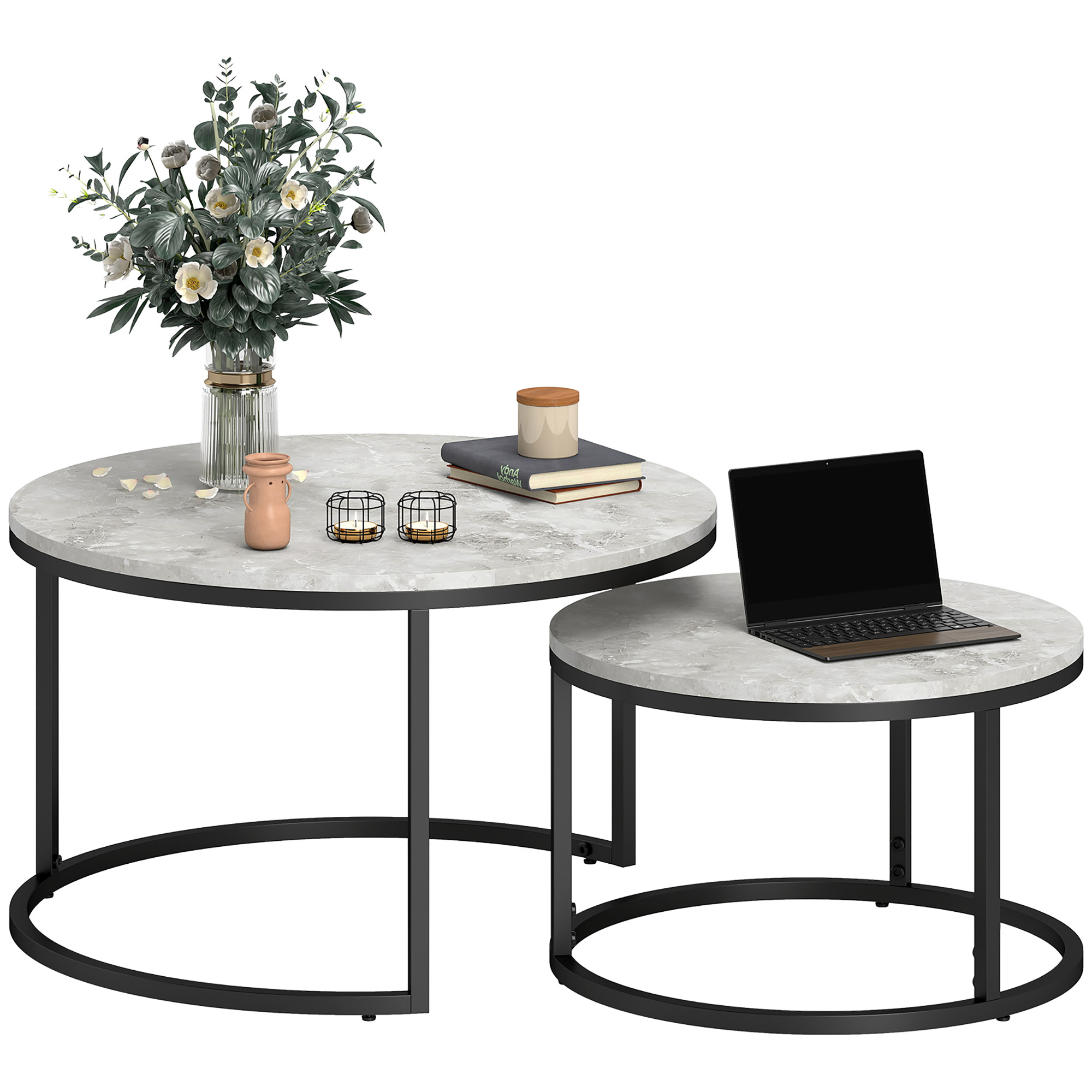 Couchtisch-Set, 2 runde Satztische, Industriedesign, Metallgestell, Betonoptik/Schwarz