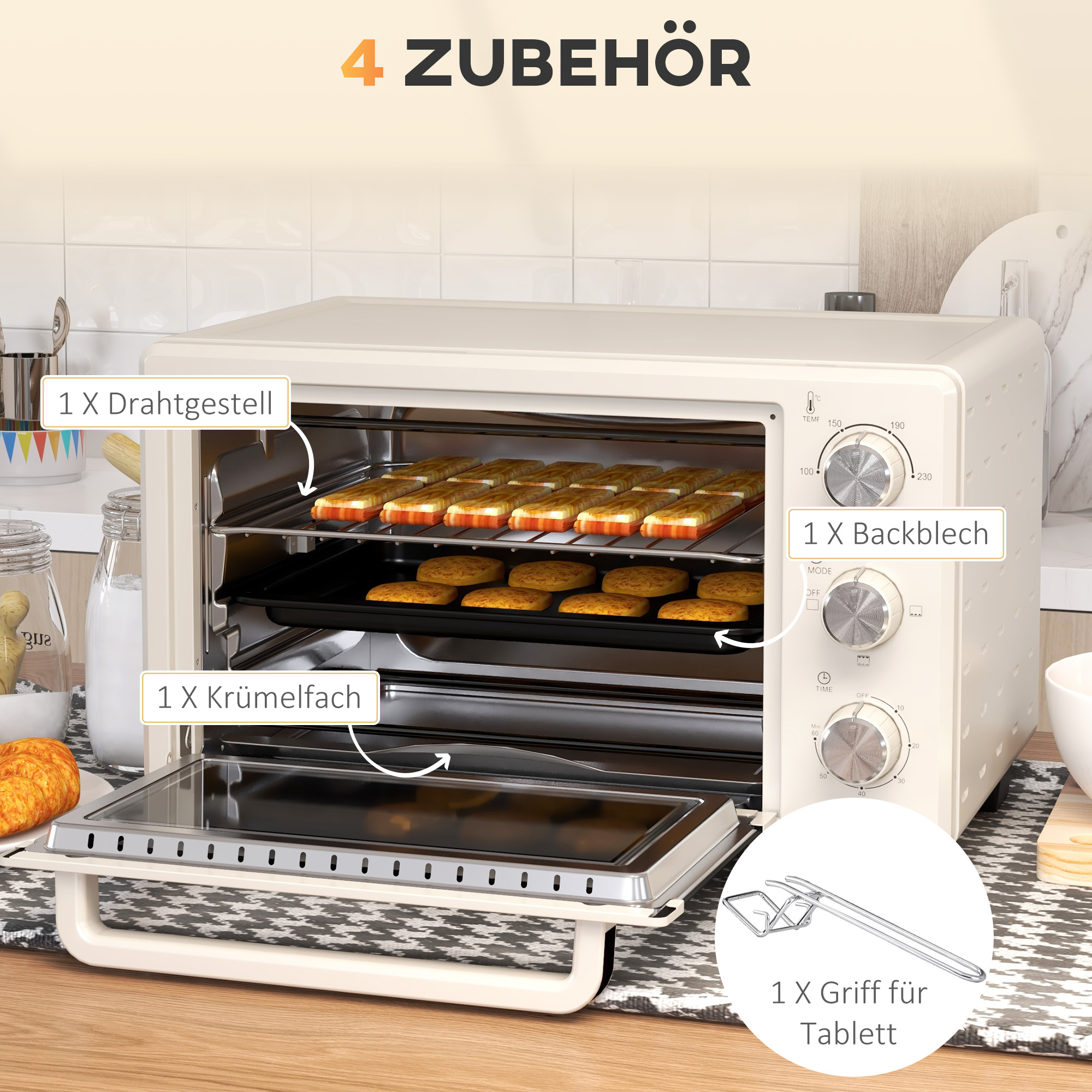 Minibackofen, Backofen kleine 21 L Toasterofen mit 1 Drahtgestell und 1 Backblech, 3 Kochmodi, 100 °C-230 °C, Edelstahl, Glas, Cremeweiß