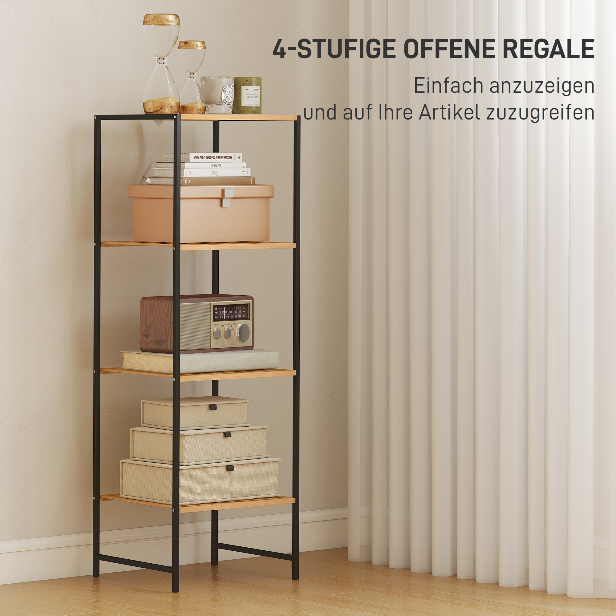 Standregal Badregal aus Bambus und Stahl, mit 4 Ablagen, 4-stöckiges Bücherregal, 36,5 x 33 x 110 cm, Natur