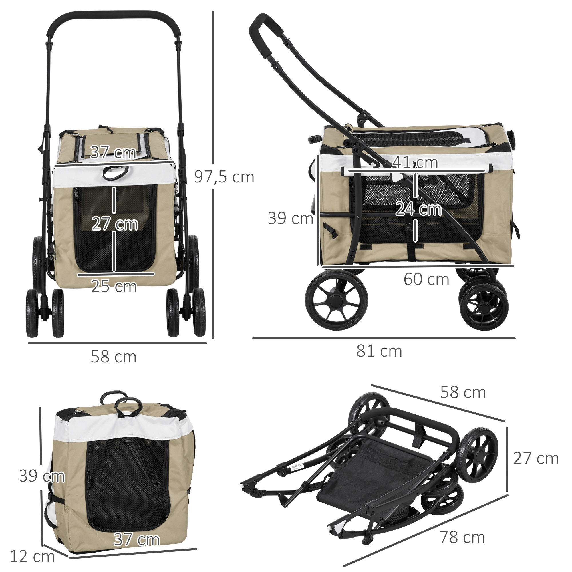 Hundbuggy Haustierbuggy Hundewagen, klappbar, abnehmbarer Korb, 81 x 58 x 97,5 cm, Schwarz+Khaki+Weiß