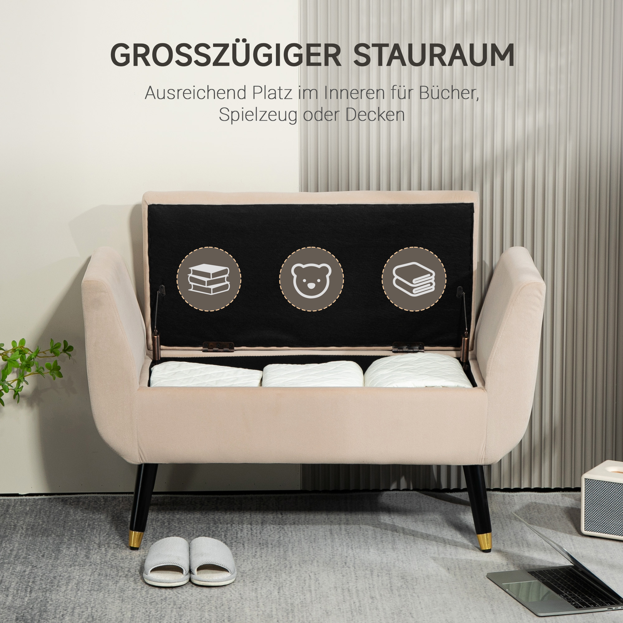 Polsterbank mit Stauraum, Armlehnen, Samtartiges Polyester, Kautschukholz, 107 x 42 x 65 cm, Beige