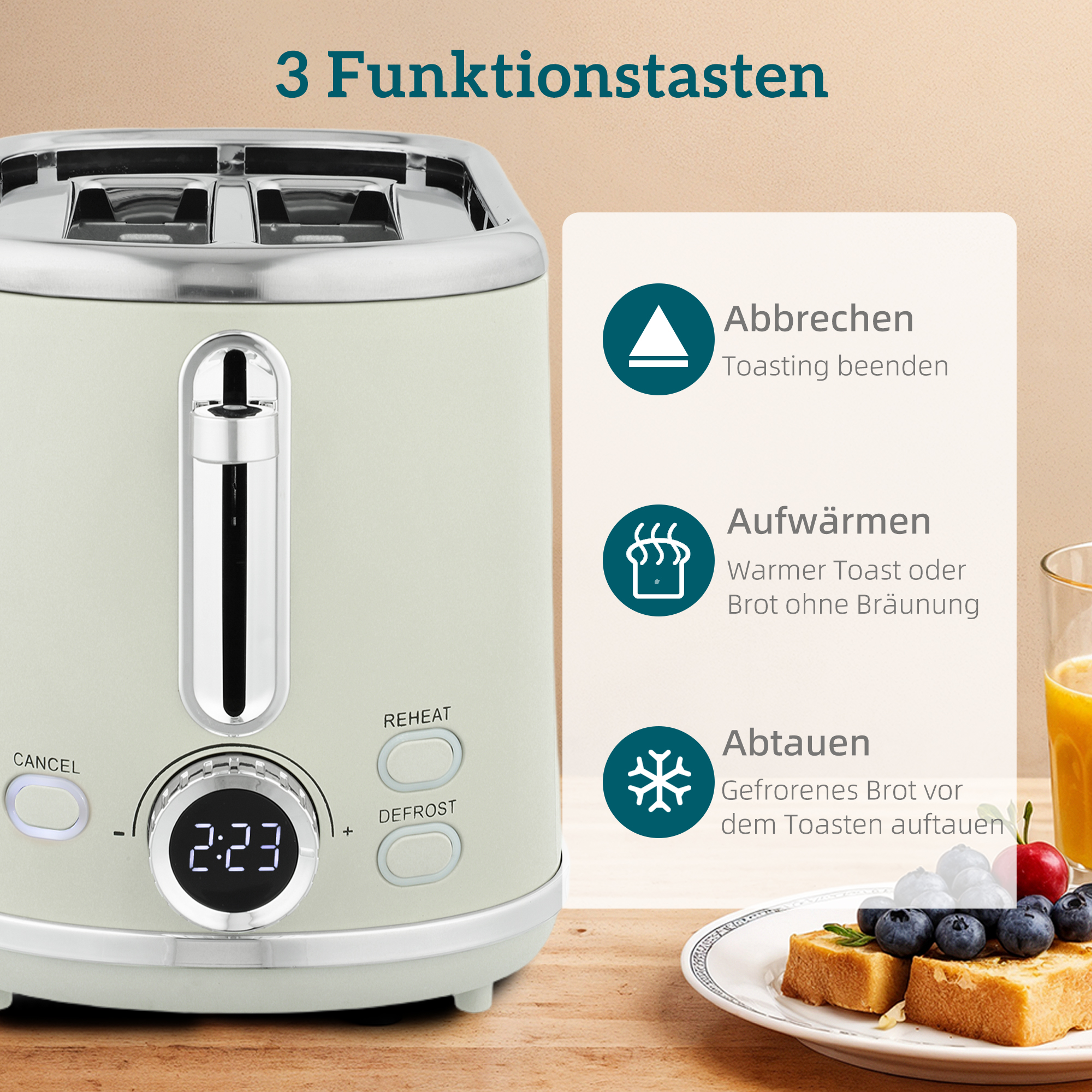 Wasserkocher- und Toaster-Set, LED-Anzeige, 1,7 Liter, 2200W, Retro-Design, Memory-Funktion, Grau