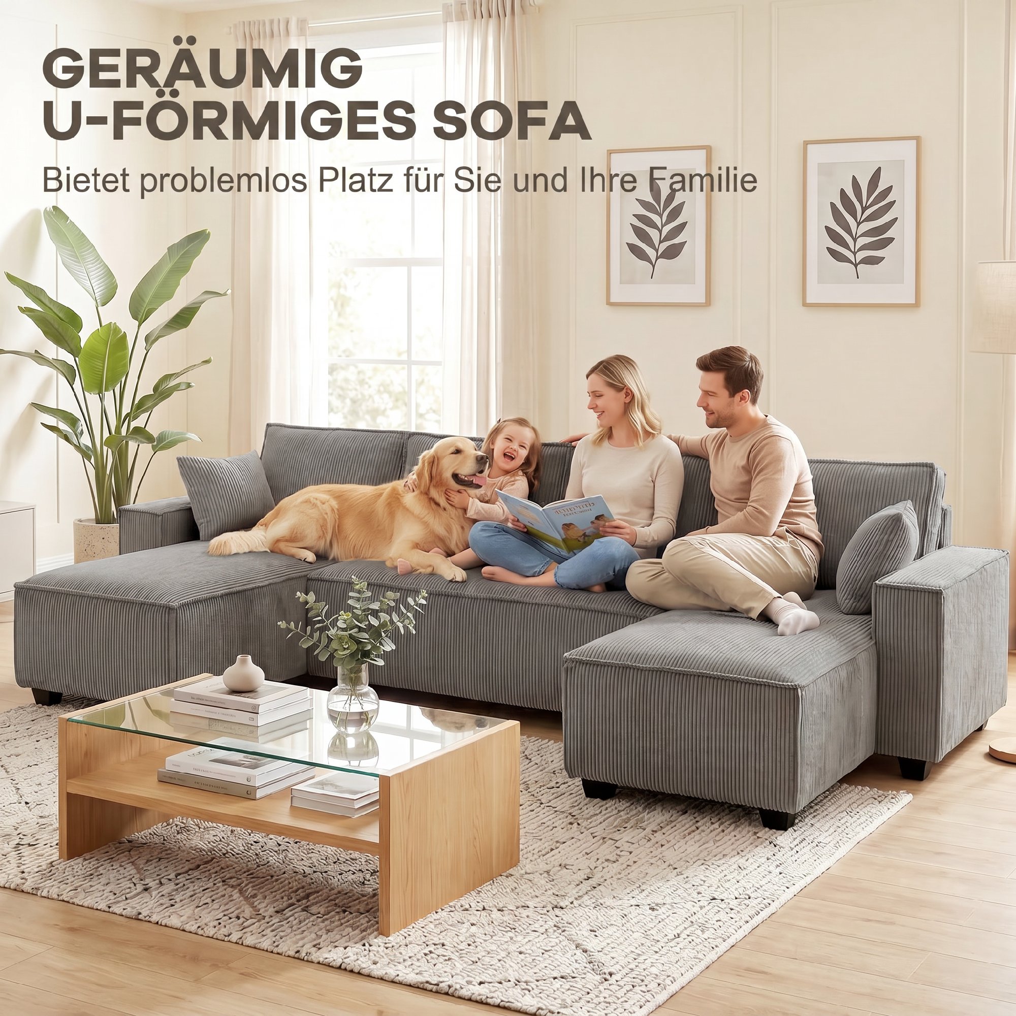 Ecksofa mit Doppel-Chaiselongues, U-förmiges Sofa aus Cordstoff mit breitem und tiefem Sitz, Federkernkissen, Hellgrau
