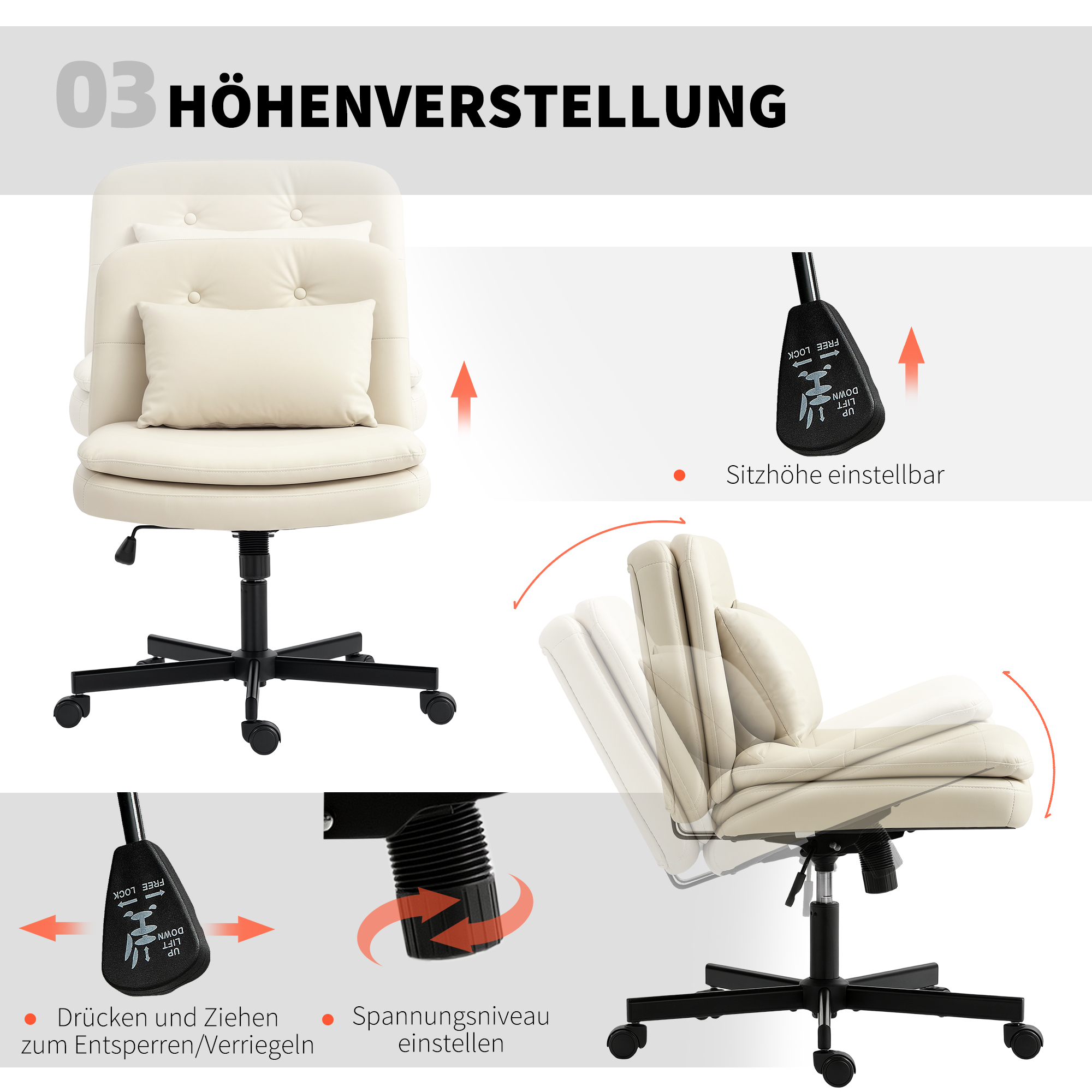 Armloser Bürostuhl mit Kunstleder-Bezug, Schreibtischstuhl mit Rollen, Extra-Kissen, höhenverstellbar, rollbar, Beige