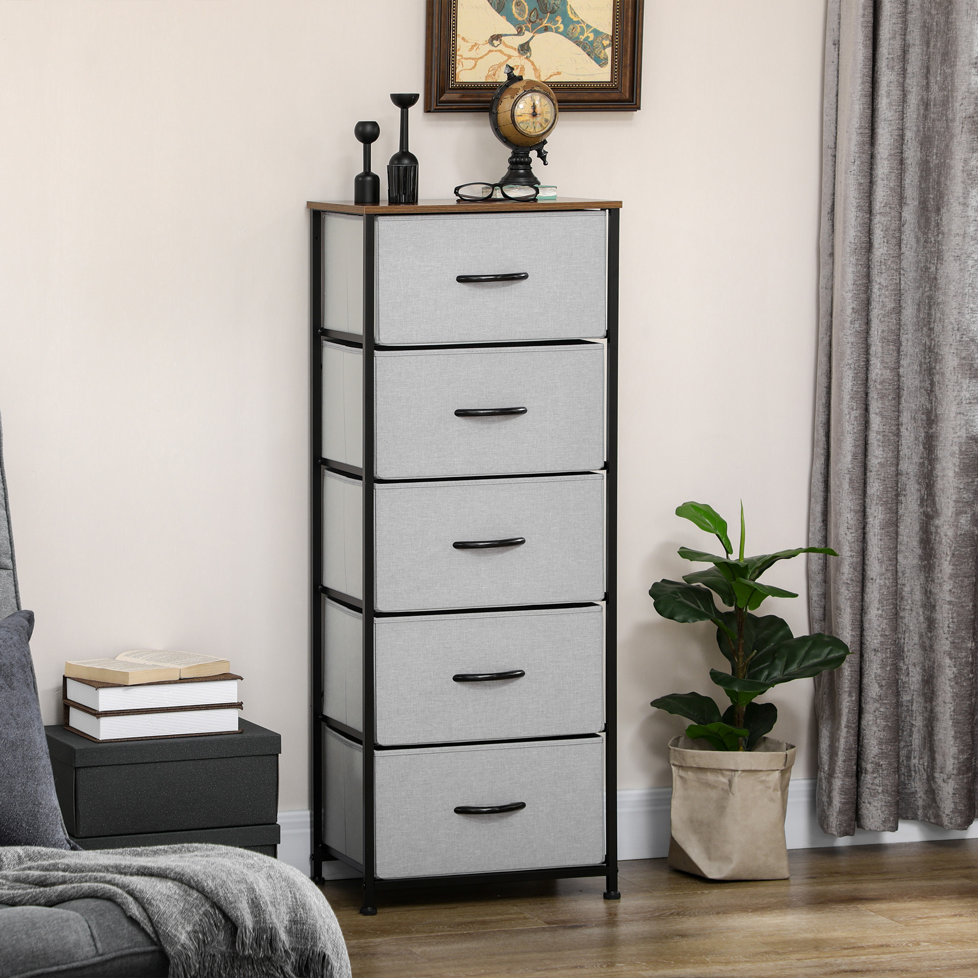 Kommode mit 5 Schubladen aus Stoff Aufbewahrungsschrank mit Griffen 45 x 30 x 116 cm Grau
