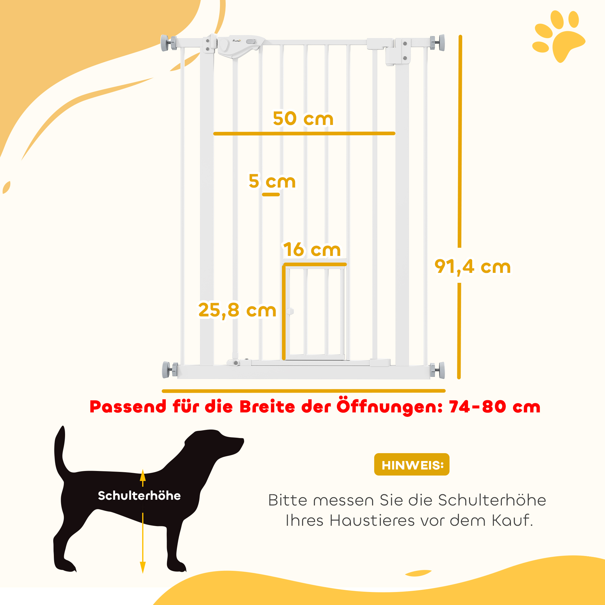 Türgitter mit Katzenklappe, Montage ohne Bohren, variable Breite 74-80 cm, einhändiges Öffnen, Metall, Weiß