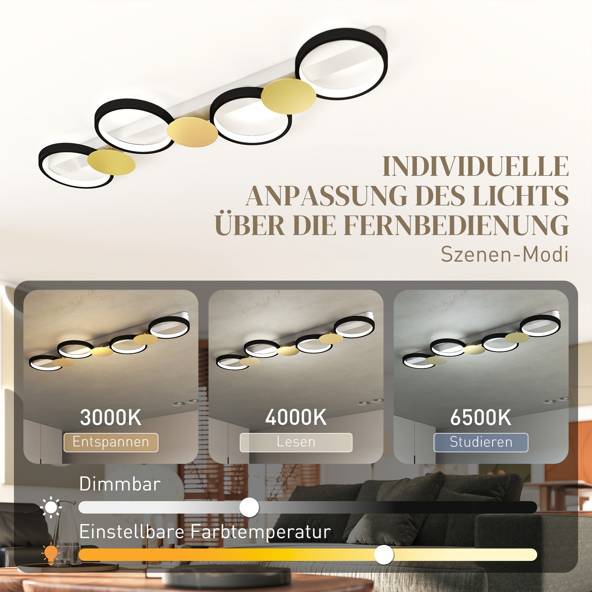 Deckenleuchte LED 38W 1500LM 3000K-6500K Deckenlampe Wohnzimmerlampe mit 4 Glühbirnen Fernbedienung Schwarz+Gold