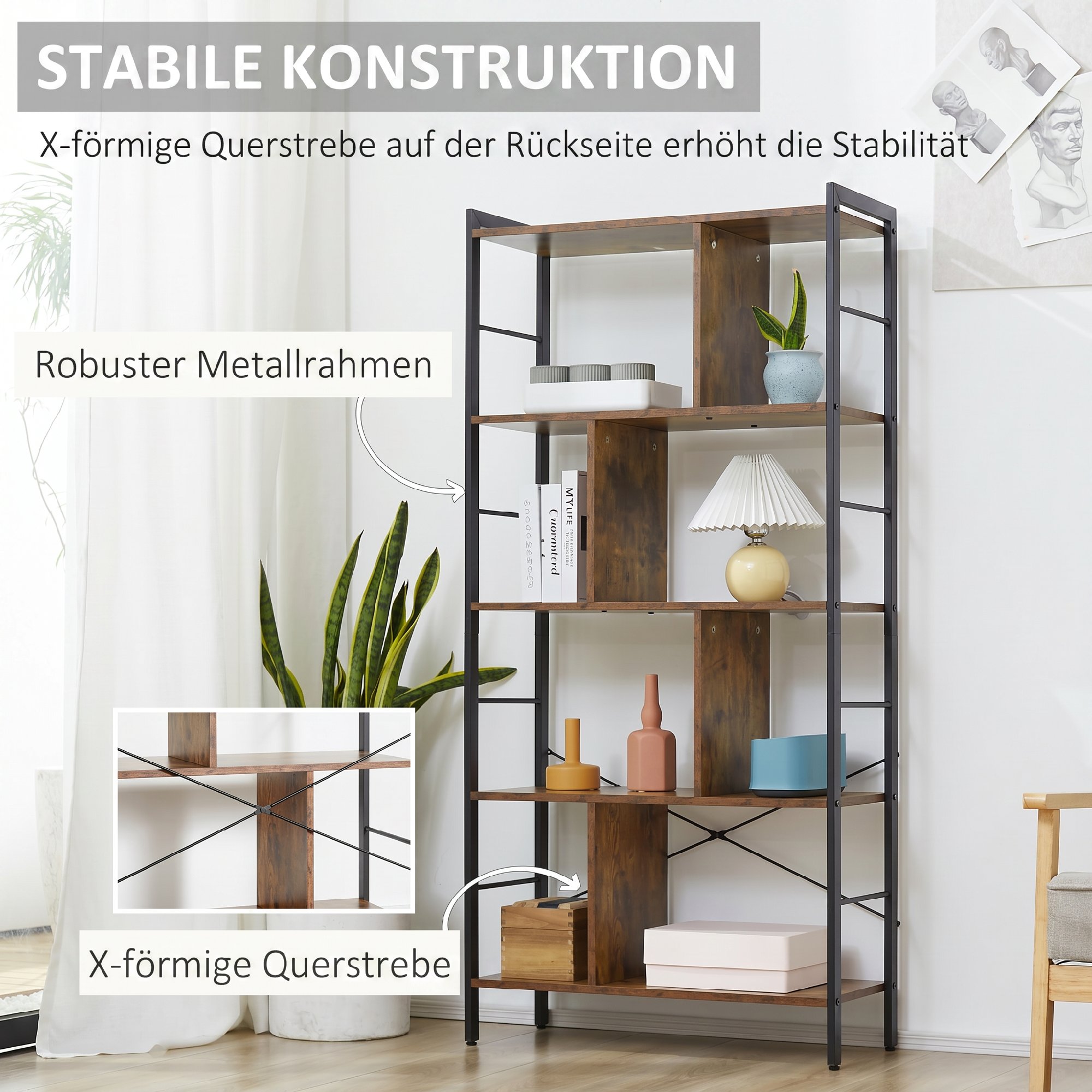Bücherregal, Schmal Standregal Regal mit 5 Ebenen, Büroregal für Wohnzimmer, 77 x 30 x 157,5 cm, Rustikales Braun