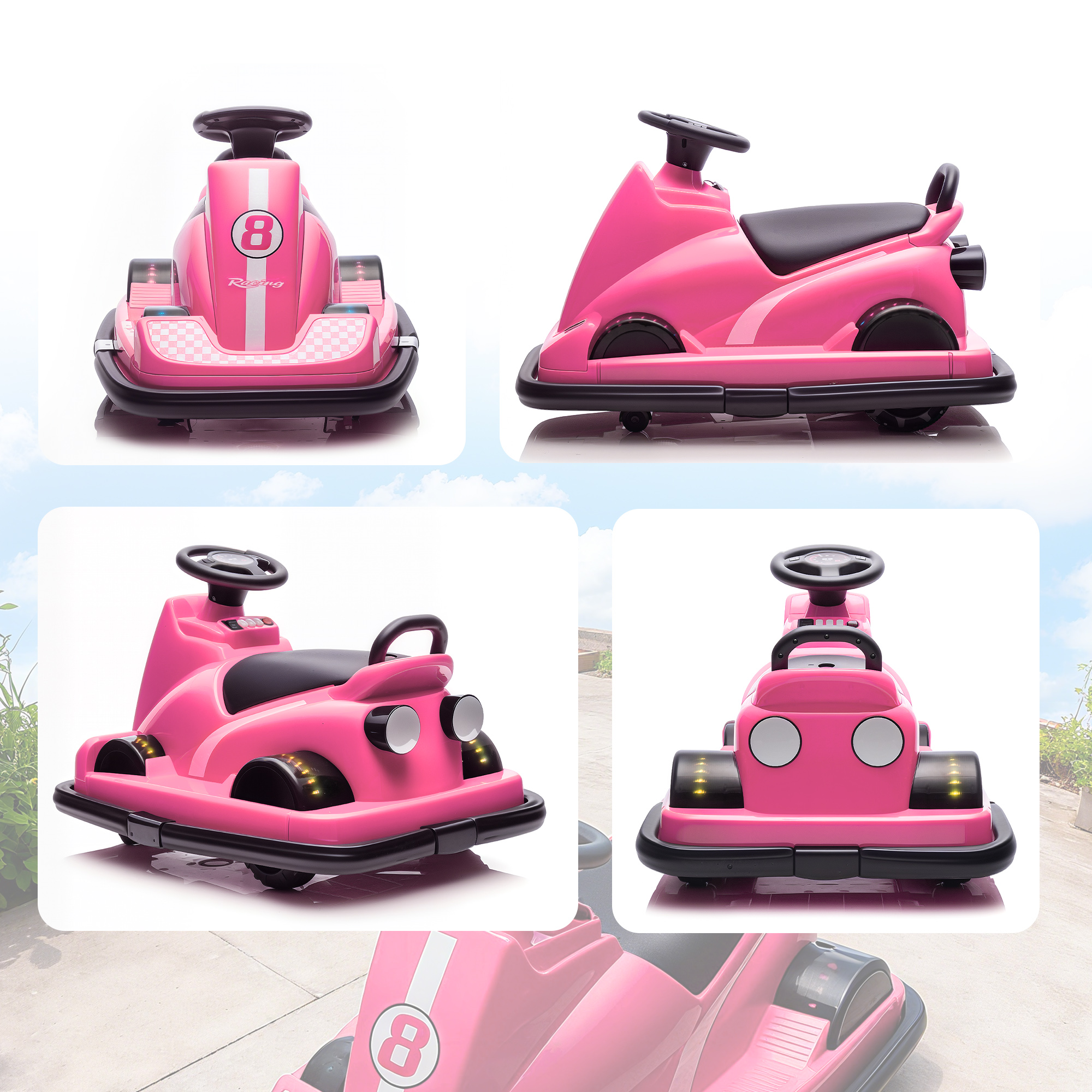 Autoscooter für Kinder, um 360 Grad drehbar, Lenkrad, LED-Lichter, Musikfunktion, 3-8 Jahre, Rosa