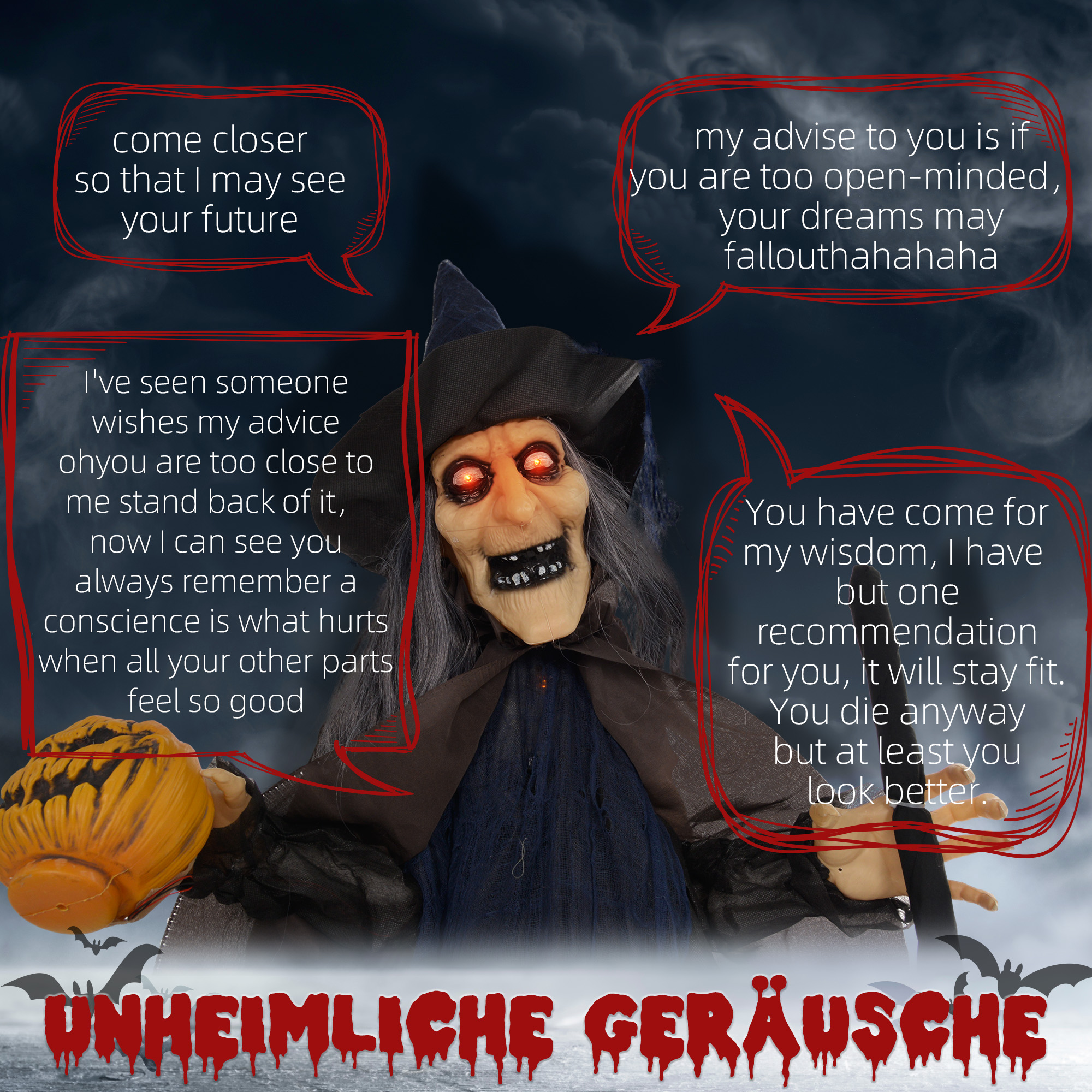 Halloweendekoration Hexe mit Besen, leuchtende Augen, gruselige Geräusche, biegsame Arme, 107x65x190 cm