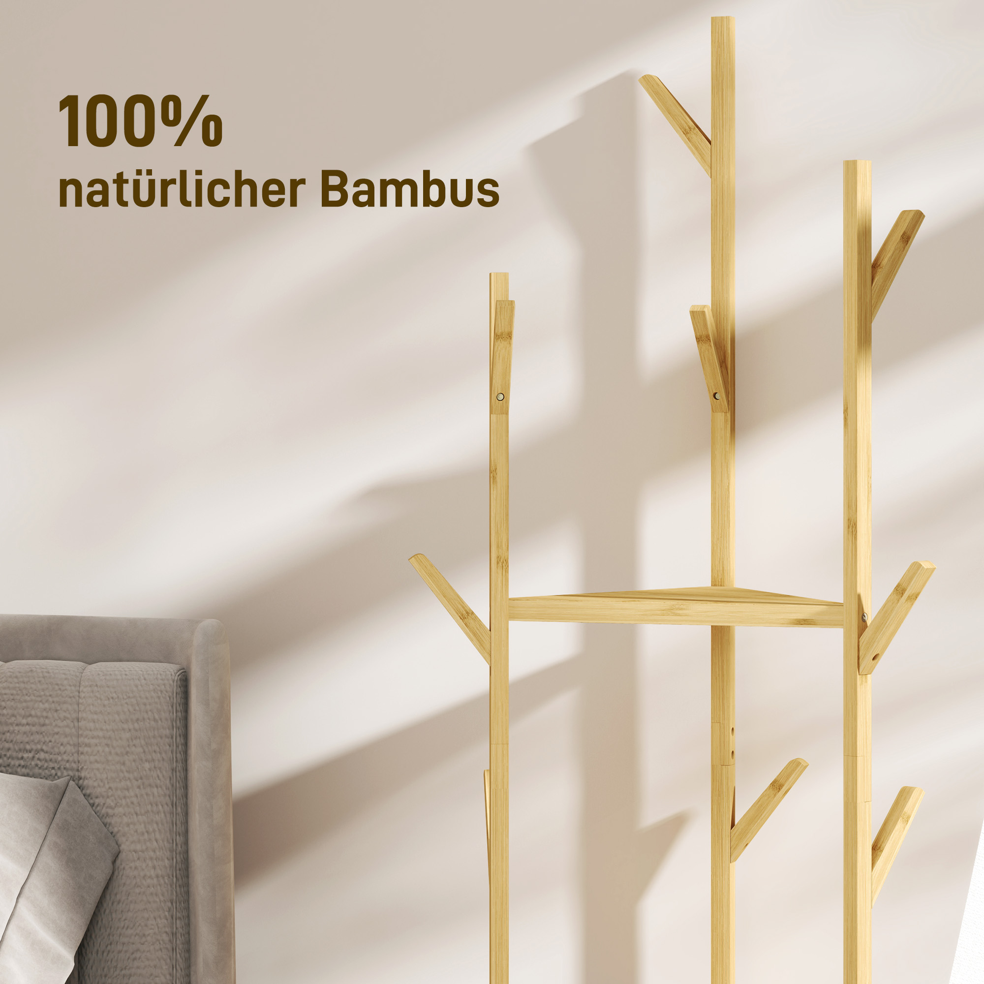 Kleiderständer, Garderobenständer aus Bambusholz, 9 Haken, 3 Ablagen, Natur