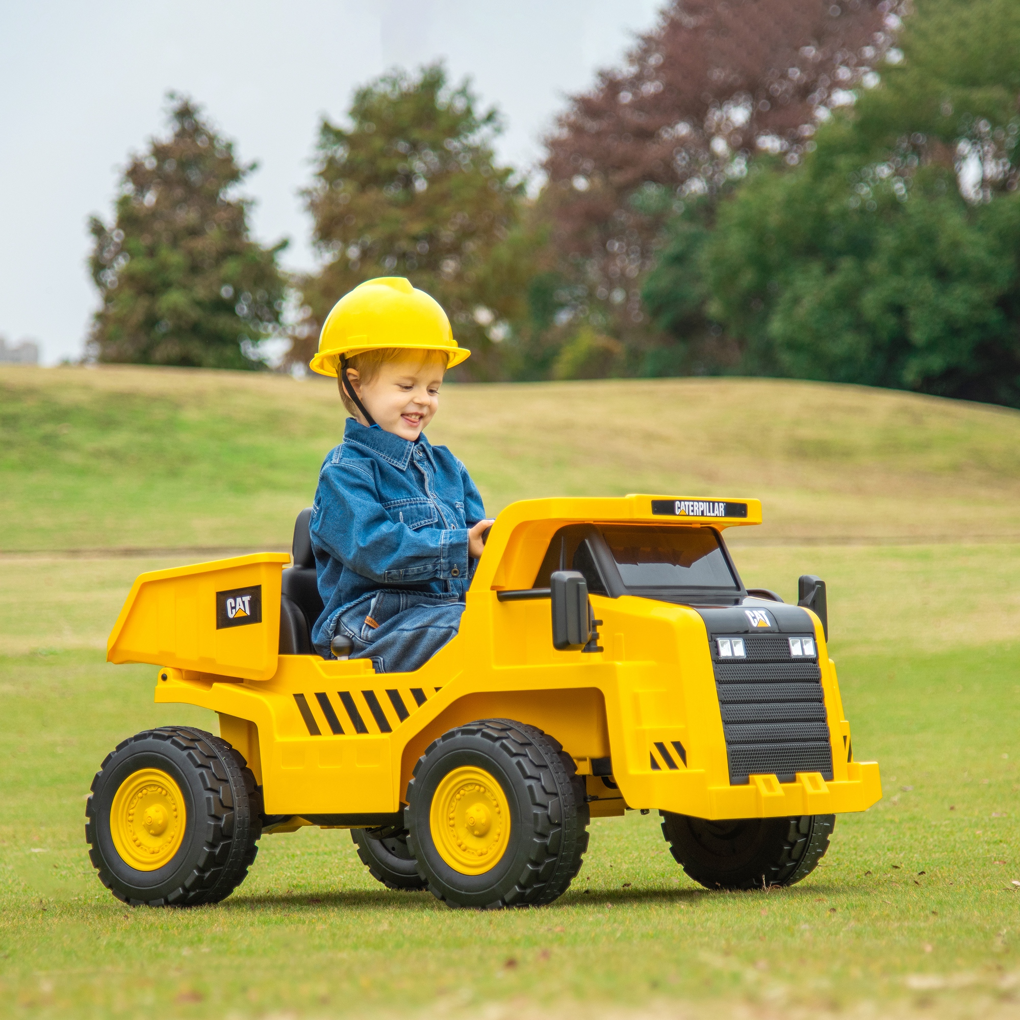Elektro-Kinderbagger, Caterpillar Kipplaster, 3-5 km/h, mit Fernsteuerung, 3-6 Jahre, Gelb