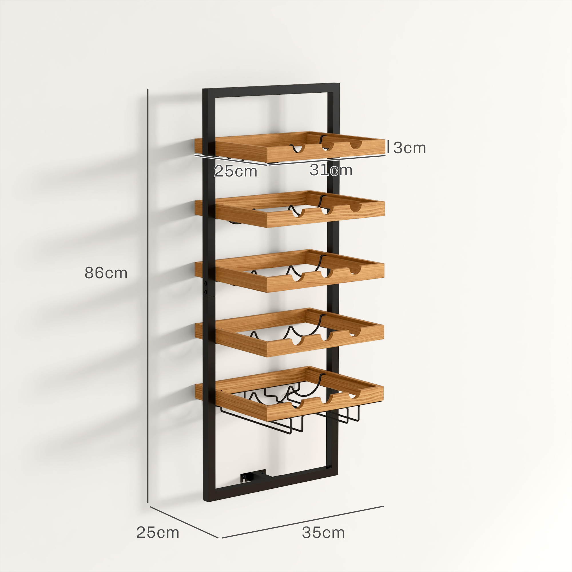 Wand-Weinregal, 5 Ebenen, Flaschenhalter, Gläserhalter, Kiefernholz, Stahl, Hausbar, Küche, Wohnzimmer, Braun