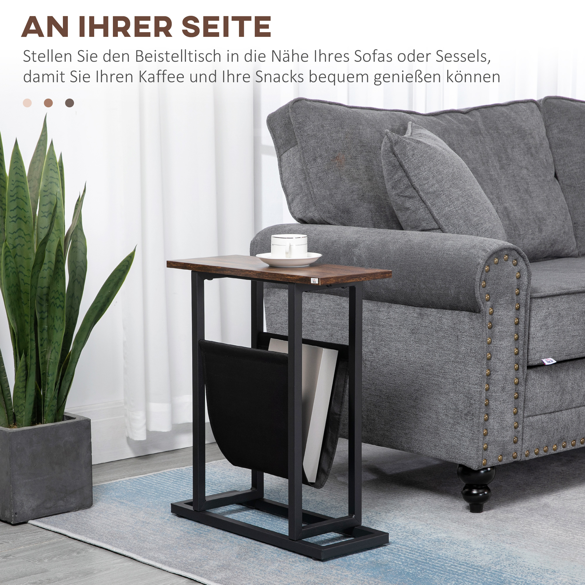 Beistelltisch, Nachttisch, schmales Design, mit Stofftasche, Stahl, dunkelbraun+schwarz, 49 x 19 x 55cm