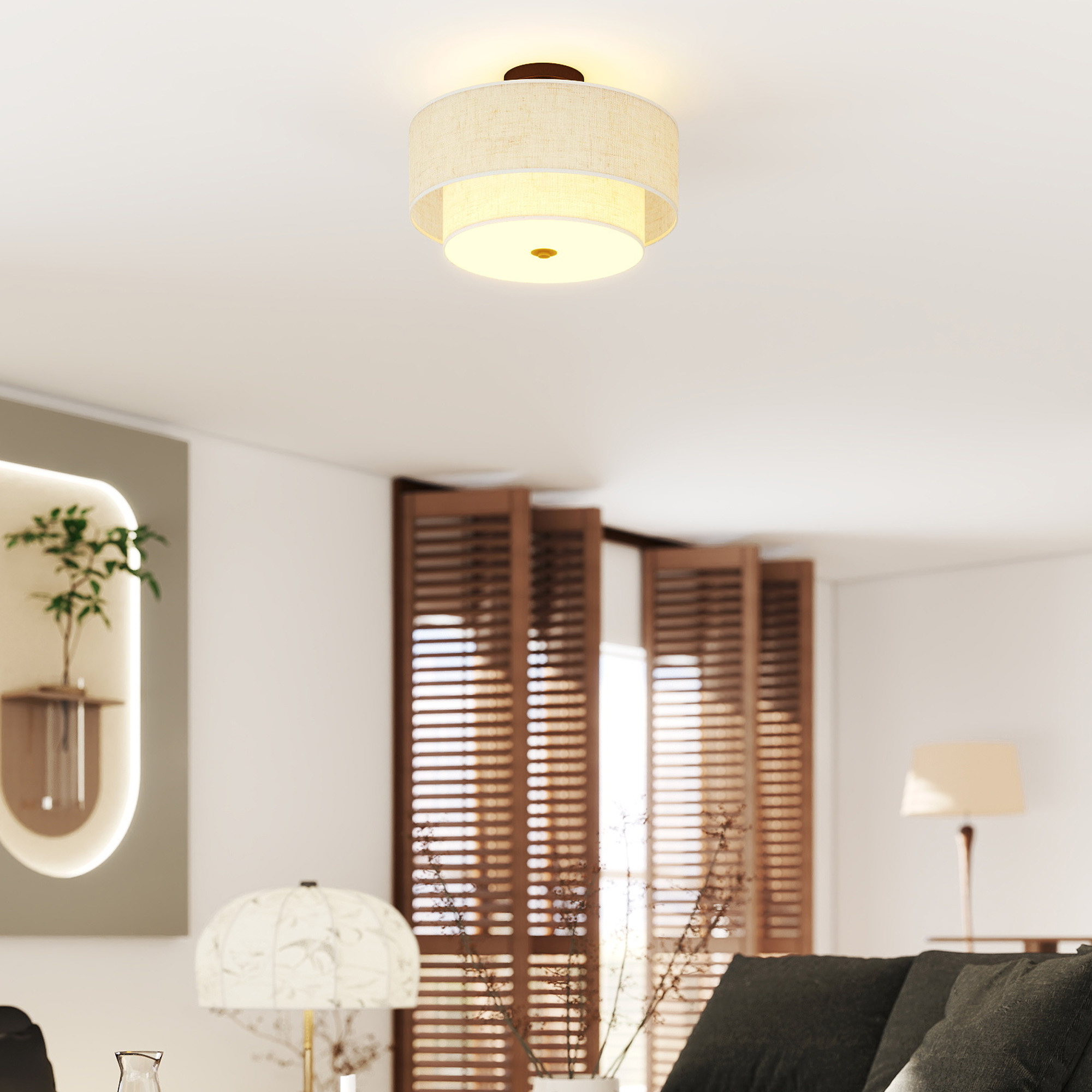 Deckenlampe, Hängeleuchte mit doppelten Schirmen in Leinenoptik, Cremeweiß