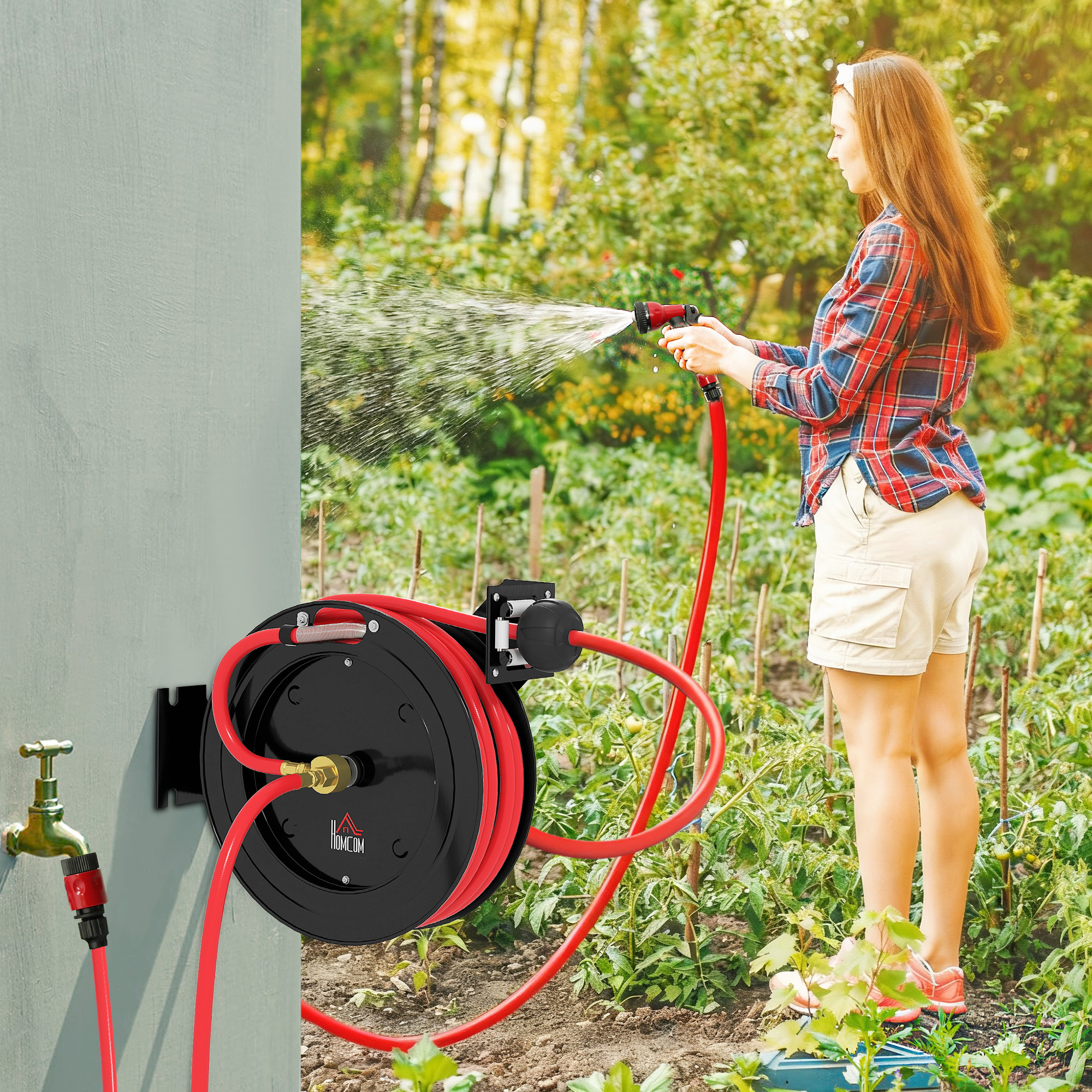 Wandmontierte Gartenschlauchrolle, automatisches Zurückziehen, 20 bar Wasserdruck, 15+1 m Wasserschlauch, Metall