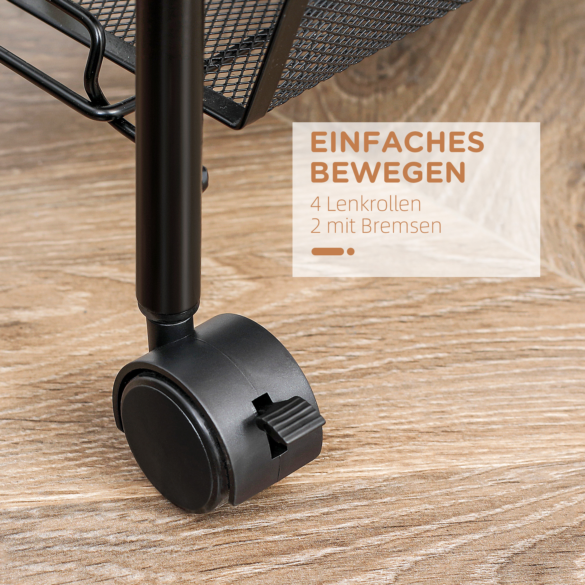 Rollwagen mit 4 Hängekörben, Servierwagen auf Rollen, fahrbar, abnehmbare Haken, Stahl, 45 x 26,5 x 84 cm, Schwarz