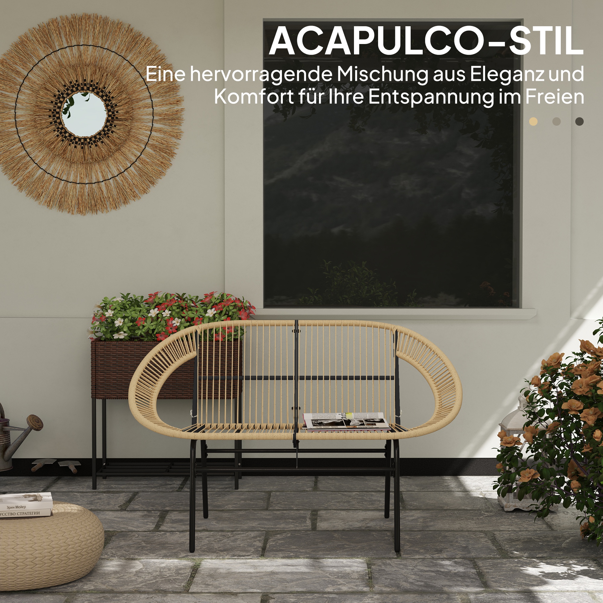 2-Sitzer Gartenbank Polyrattan, wetterfest Sitzbank im Rattanflecht-Design, UV-Beständig 260kg belast Khaki