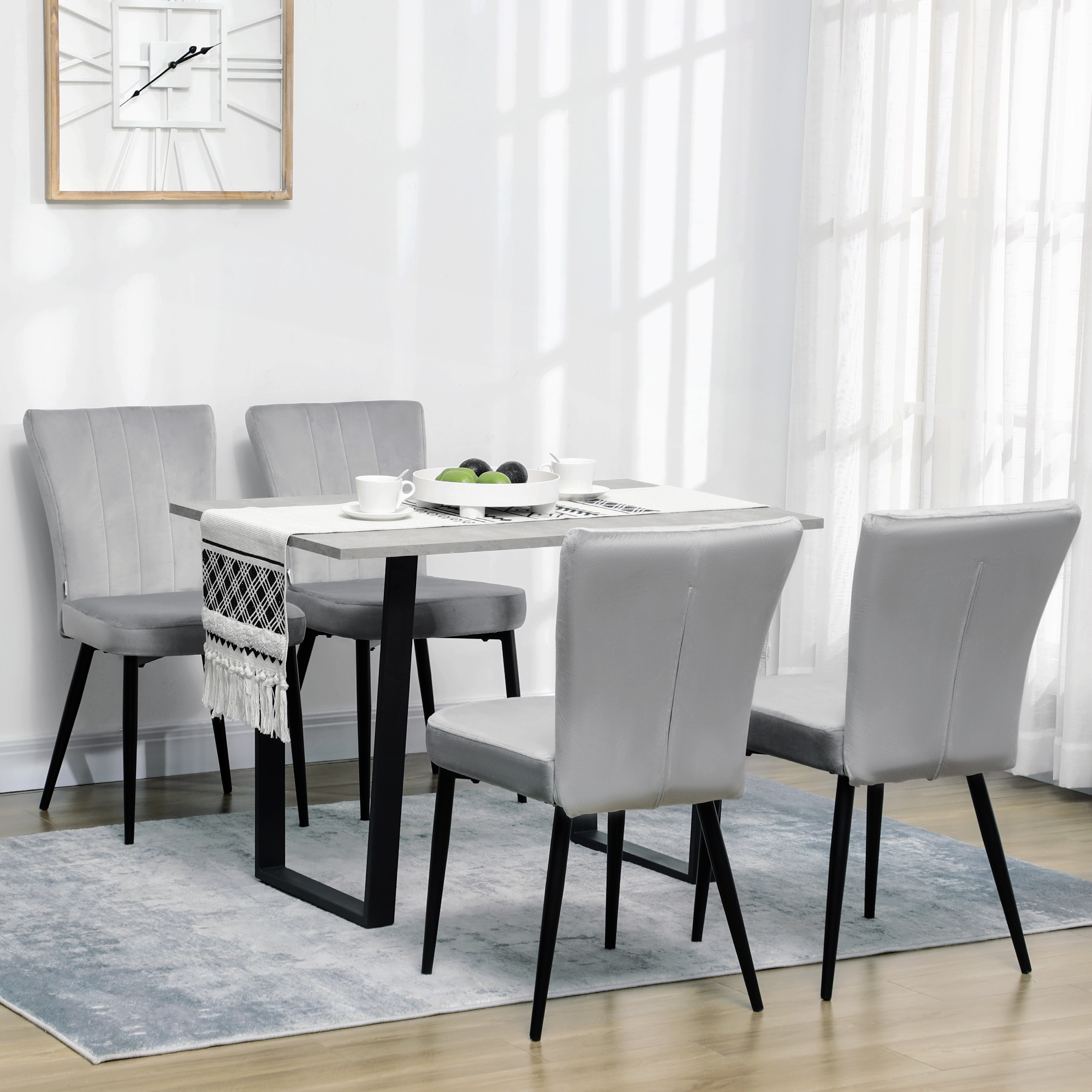 4er-Set Esszimmerstühle, Akzentstühle für Küchen und Esszimmer, Stuhlset, Velours-Optik, Hellgrau+ Schwarz