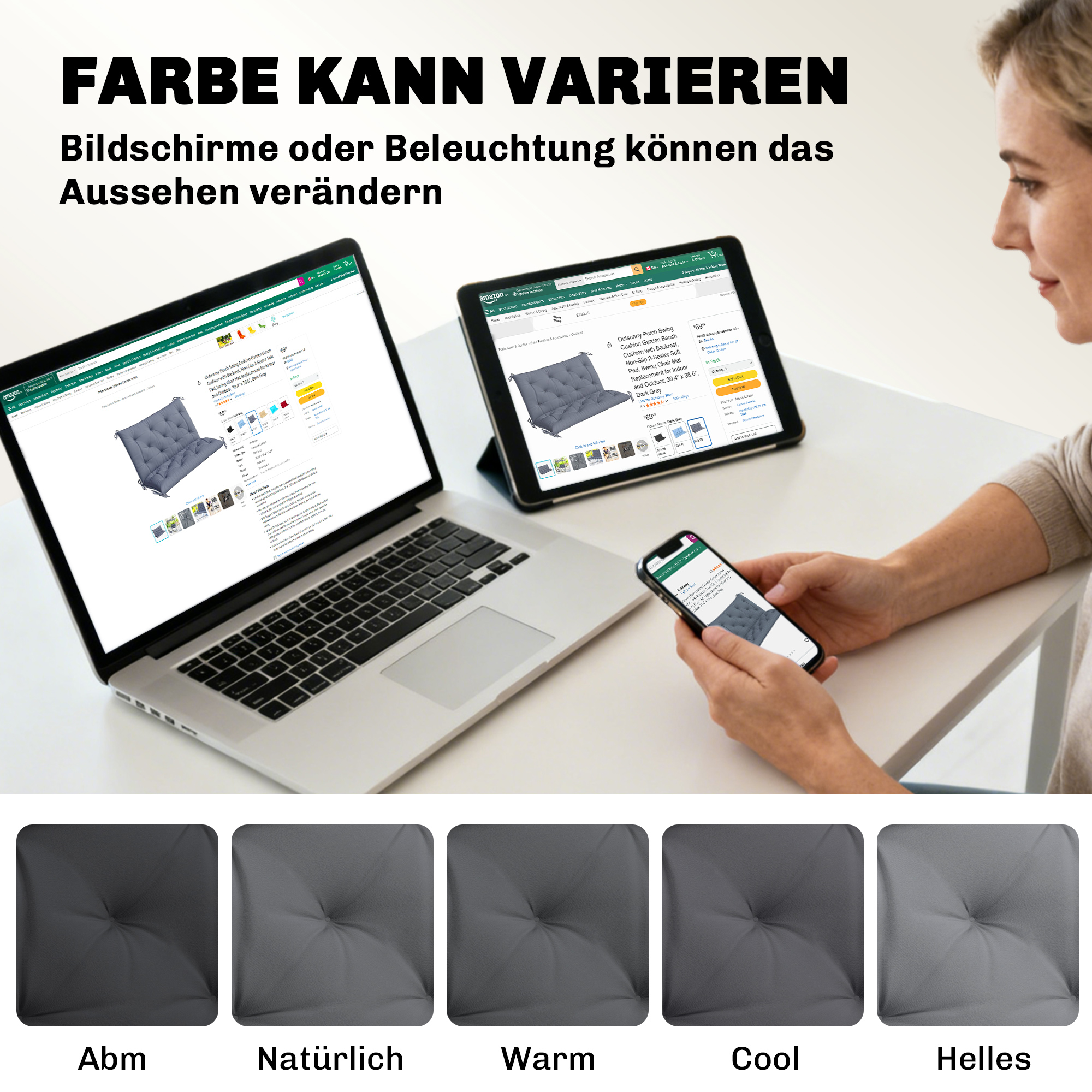 2 Sitzer Bankauflage 100 x 98 x 8 cm Sitzkissen mit Bändern Rückenkissen für Indoor/Outdoor Polster Auflage für Sitzbank Gartenbank Gartenmöbel Hollywoodschaukeln Dunkelgrau