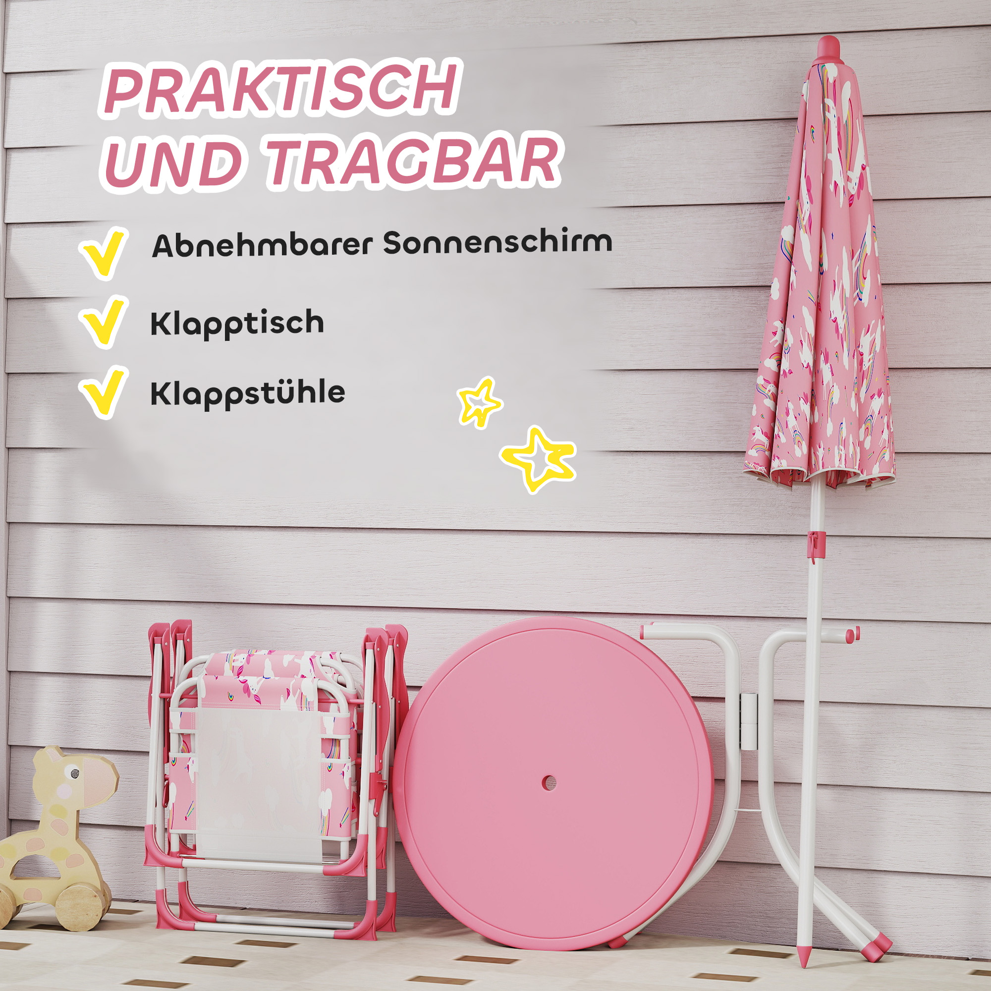 Kindersitzgruppe, 4 teilige Kindersitzgarnitur mit abnehmbarem Sonnenschirm, Kindertisch mit 2 Klappstühlen, Rosa