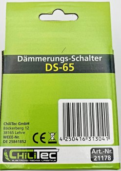Outdoor Dämmerungs-Schalter "DS-65", 230V/50Hz, max. 10A, 5-50 Lux, IP44