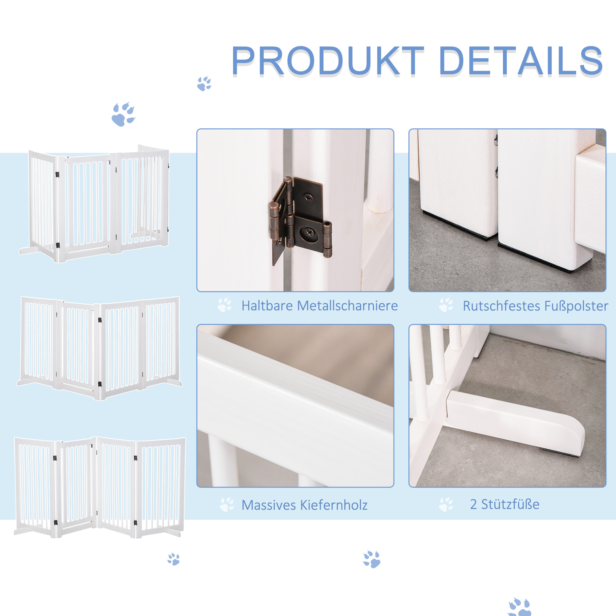 Absperrgitter Hund 4-teilig, 220 x 91 cm Faltbar Türschutzgitter mit Tür, Freistehend Hundegitter mit 2 Stützfüßen, Treppengitter aus Holz für Flur, Küche, Treppe, Weiß