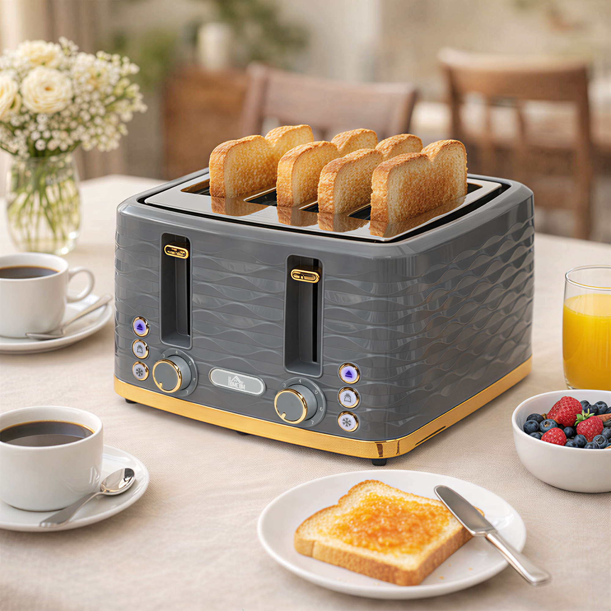 Toaster für 4 Scheiben mit 7 Bräunungsstufen, High-Lift, Aufwärm-/Auftau-/Abbruchs-Funktion, Graue Wellenoptik