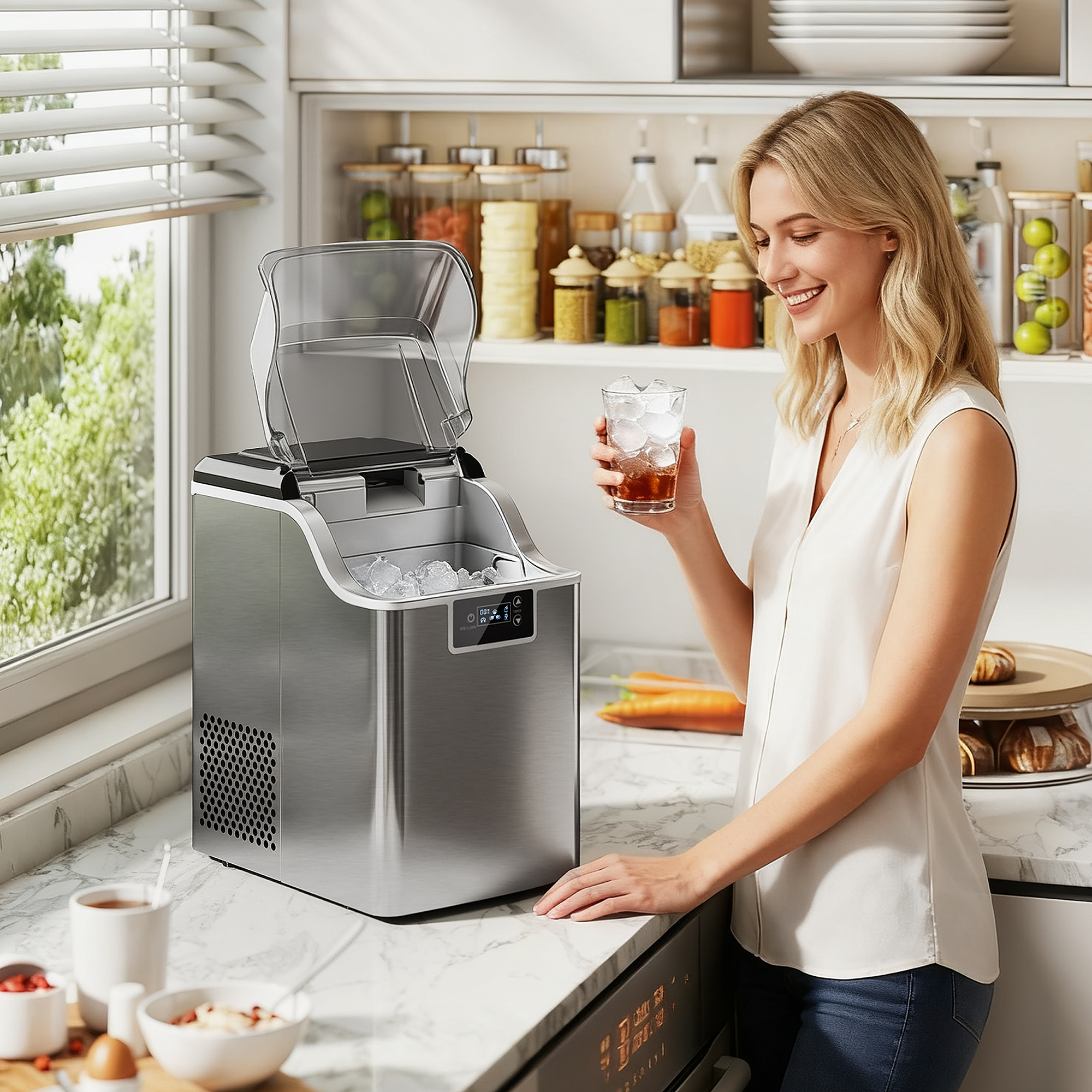 Eiswürfelmaschine, Eiswürfelspender, Ice-Maker, 20 kg/24h Eiswürfelbereiter mit 2,1 L Wassertank, Silber