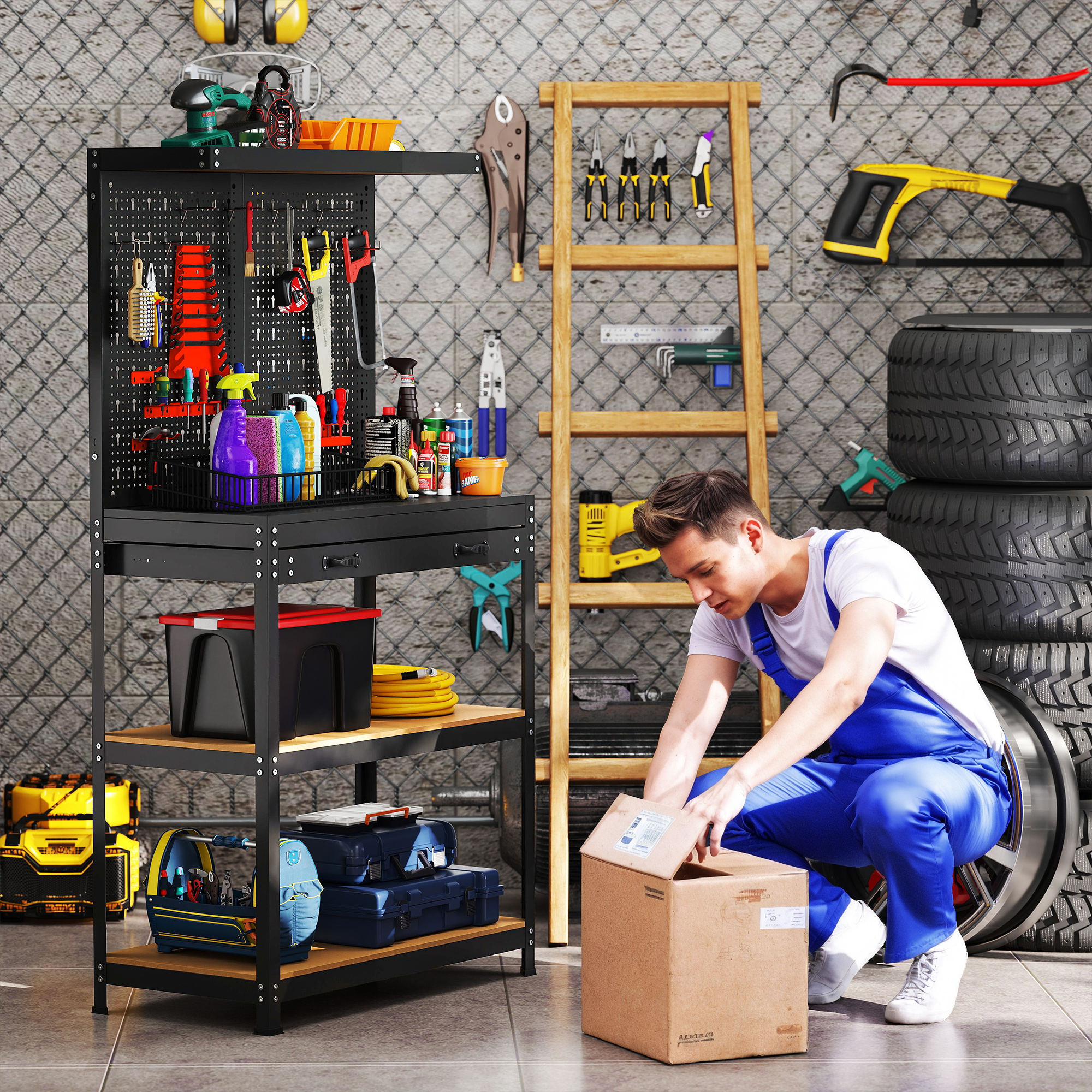 Werkbank 80 x 40,5 x 155 cm Werkzeugbank mit Lochwand, Haken,  Schublade, 2 Ablagen für Werkstatt Schwarz