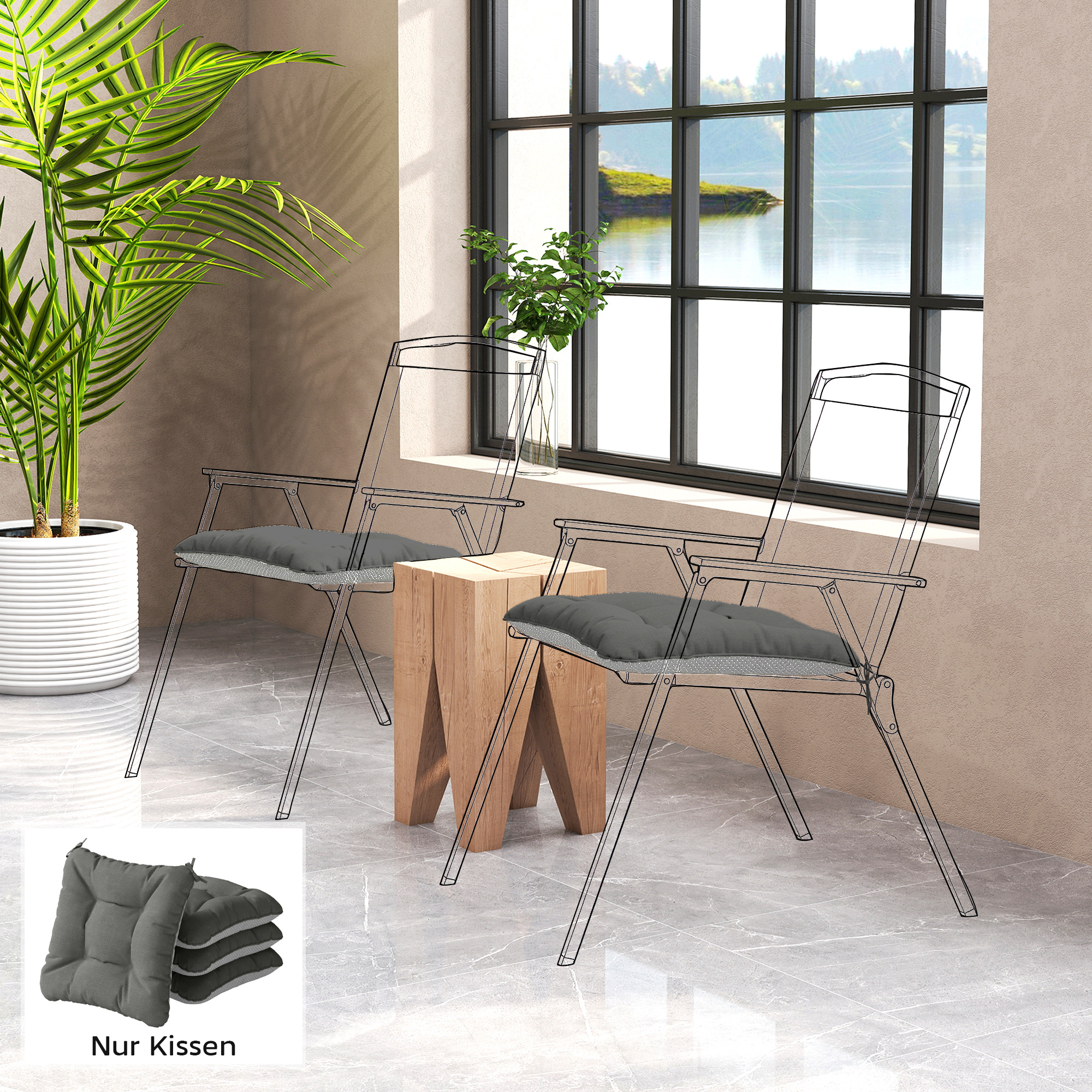 4er Set Sitzkissen 39,5 x 39,5 x 10 cm Stuhlkissen mit Bändern, rutschfeste Outdoor Indoor Sitzauflage