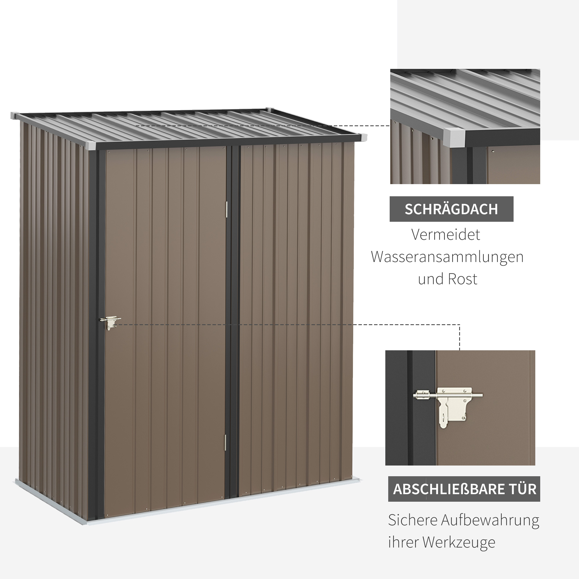 Gerätehaus 1,34 m² Geräteschrank mit Pultdach abschließbar Gartenhaus Geräteschuppen aus verzinkter Stahl 161,5 x 94,5 x 196 cm Braun