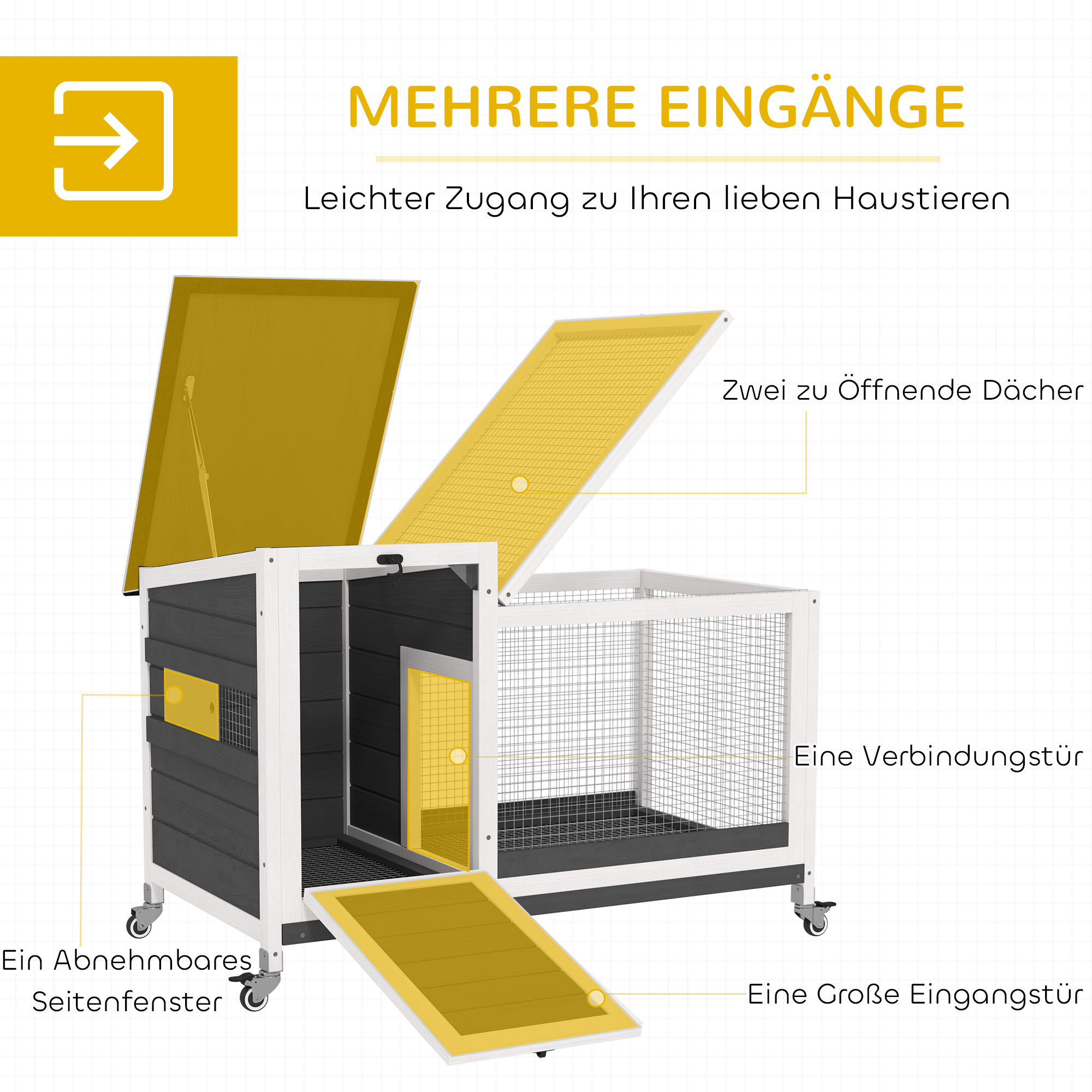 Kaninchenstall aus Holz Hasenstall mit Freilaufgehege Rädern Klappdach für Innen, draußen 92 x 52 x 67 cm Dunkelgrau