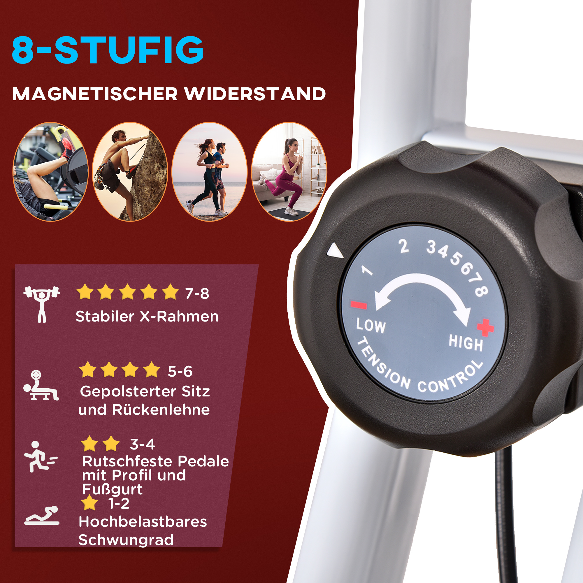 Heimtrainer mit Magnetwiderstand, 8-Stufen, höhenverstellbar, LCD-Display, Rot + Weiß
