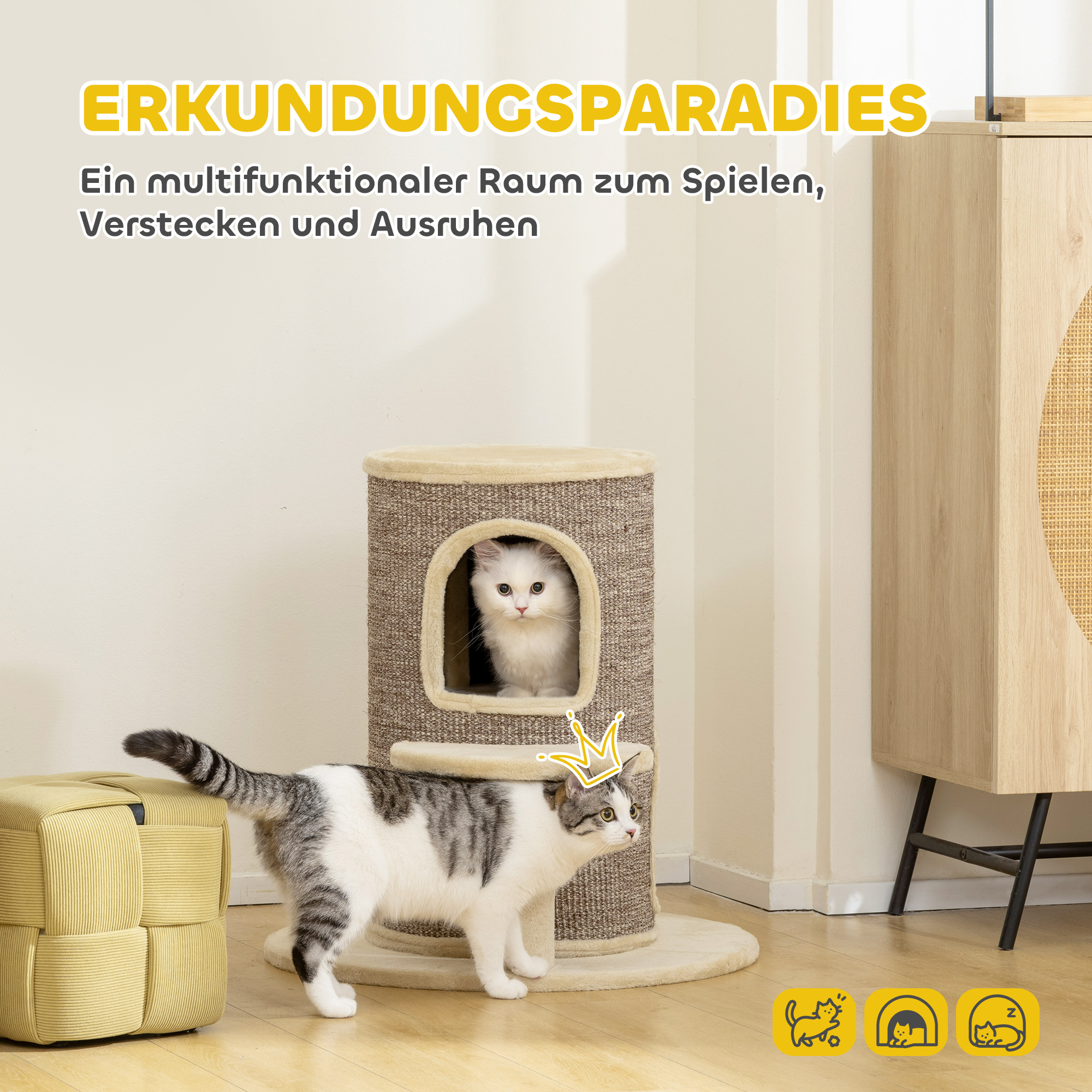 Katzenfass, Kratzbaum mit 2 Ebenen, Sprungplattform, Aussichtspunkt, Kratzmatte, zum Ausruhen und Spielen, Beige