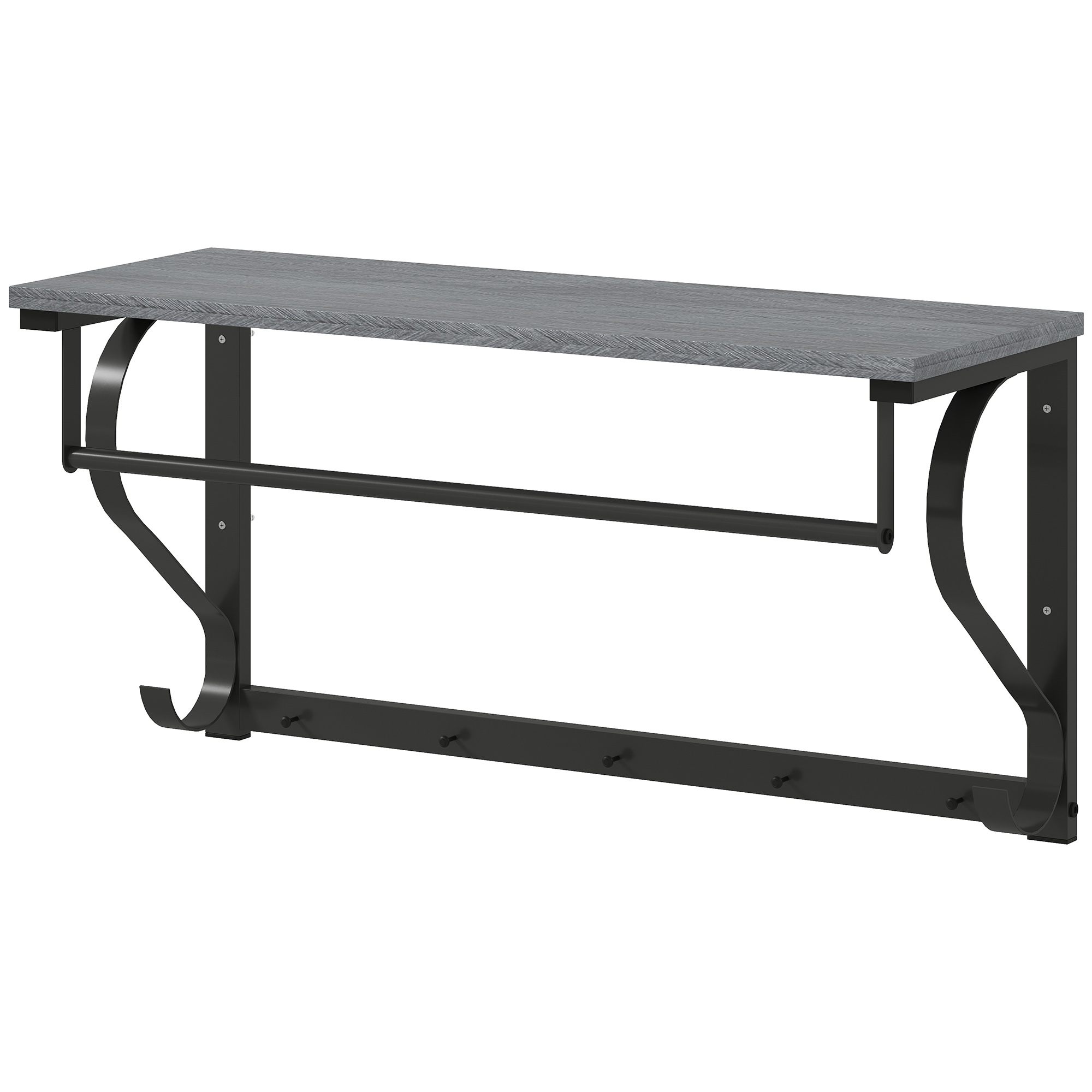 Wandmontierter Kleiderständer, Kleiderhaken, 5 Haken, oberes Fach, vielseitig, Grau Wandmontierter Kleiderständer, Kleiderhaken, 5 Haken, oberes Fach, vielseitig, Grau