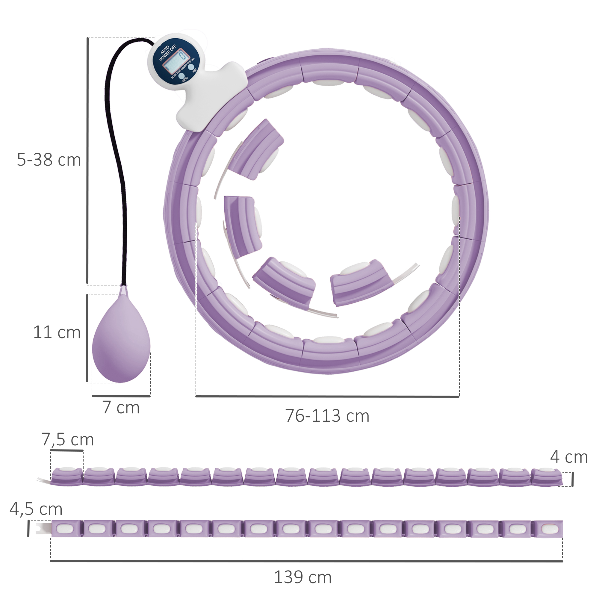 Smart Hula Hoop Reifen Erwachsene mit Gewicht Kugel Zähler 16 Knoten (76-113cm) Violett