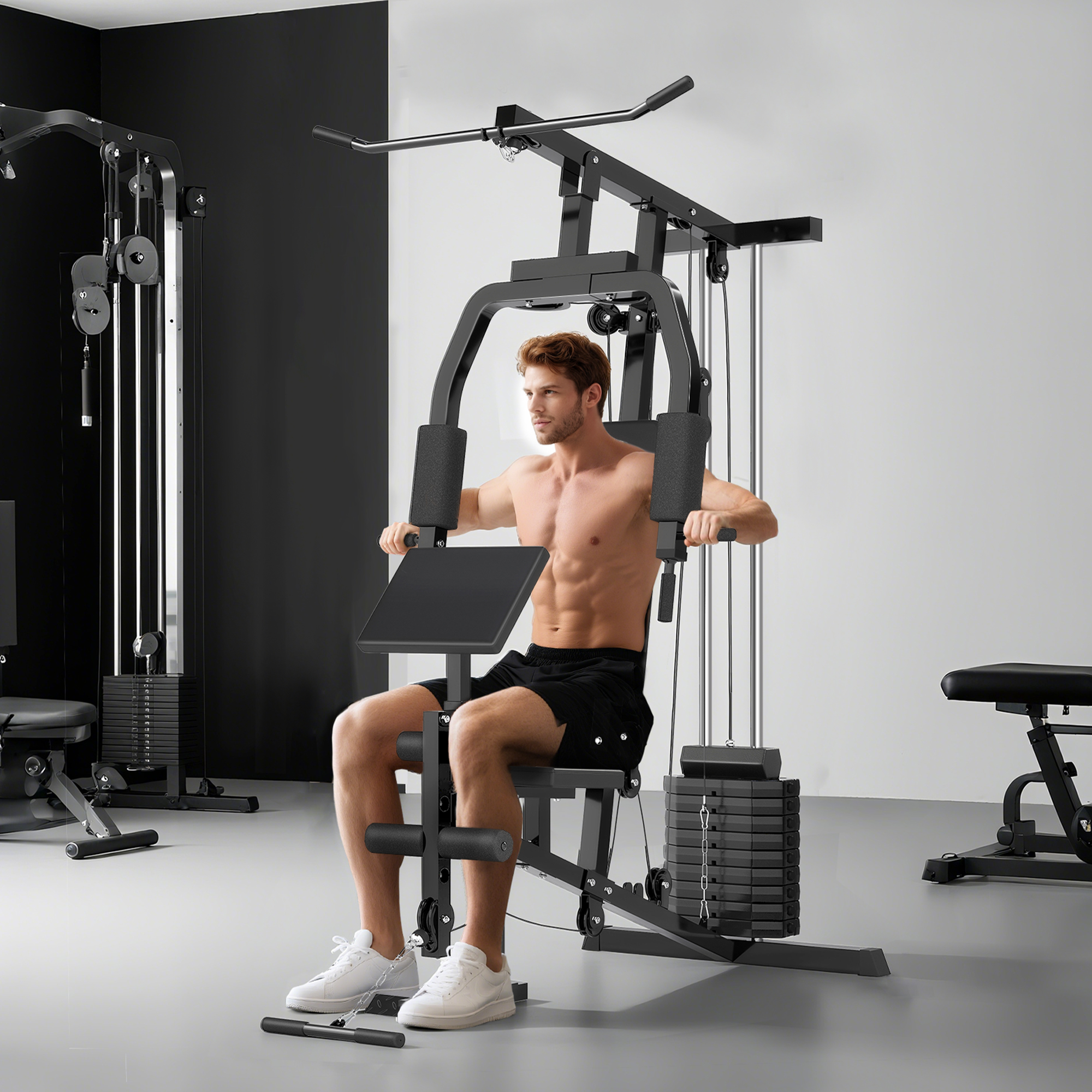 Kraftstation für Zuhause Fitnessstation mit Latzuggerät, Kabelzug, kurzer Bizepsstange, Brustpresse, Beintrainer, Butterfly-Maschine 45kg Gewichten Multifunktion Fitnessstation Schwarz