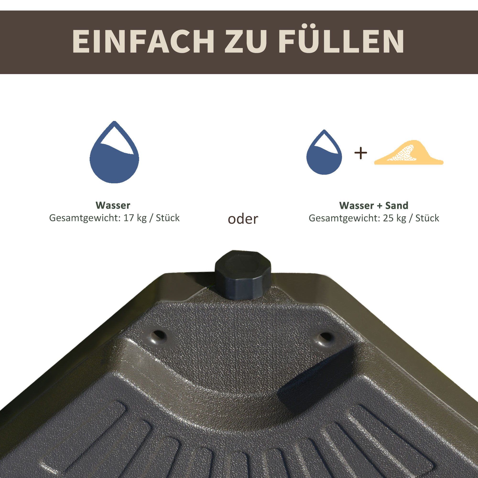 Sonnenschirmständer 4-teilig, Schirmgewicht, Schirmständer, Bodenkreuz befüllbar mit Sand/Wasser bis 25/17 kg, Gewichte Sonnenschirmfuß HDPE Kaffee