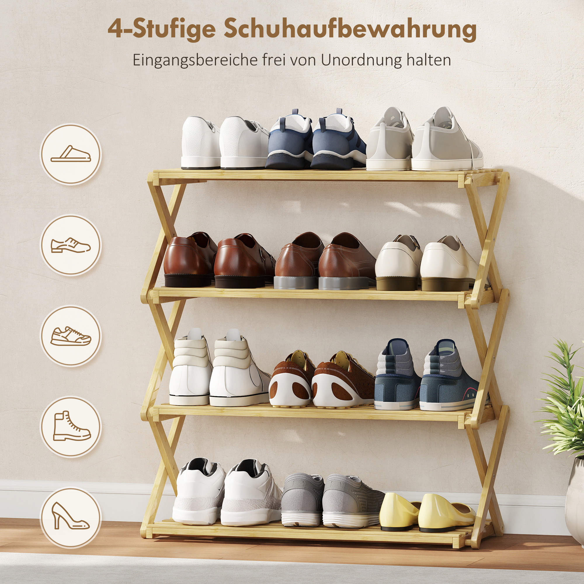 Schuhregal mit 4 Ebenen, Schuhablage aus Bambus,für bis zu 12 Paar Schuhe, für Eingang, Flur, 60 x 29 x 67 cm, Natur