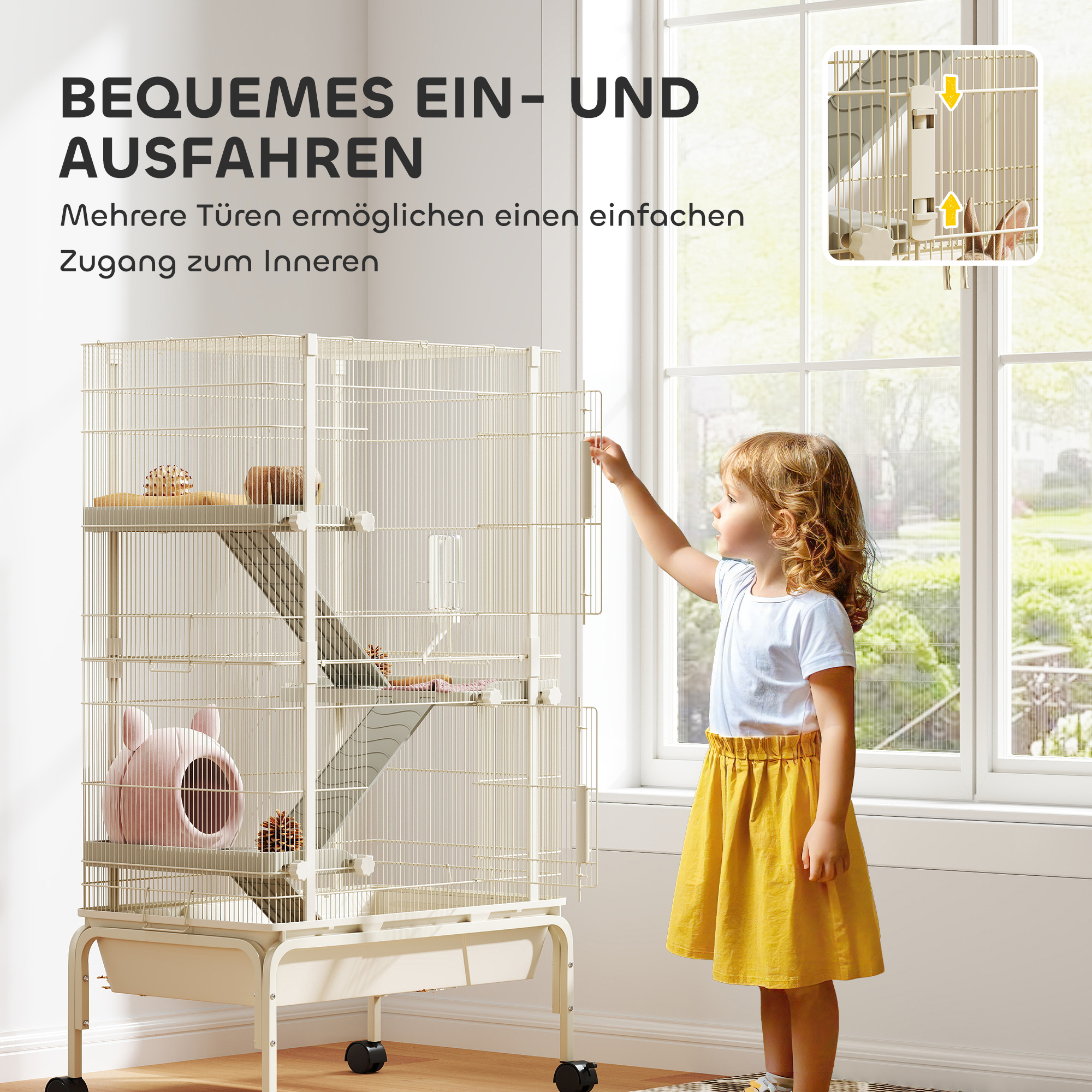 Kleintierkäfig, Haustierkäfig mit 4 Ebenen, Futterschale, Wasserflasche, 88 x 48 x 150,5 cm, Beige
