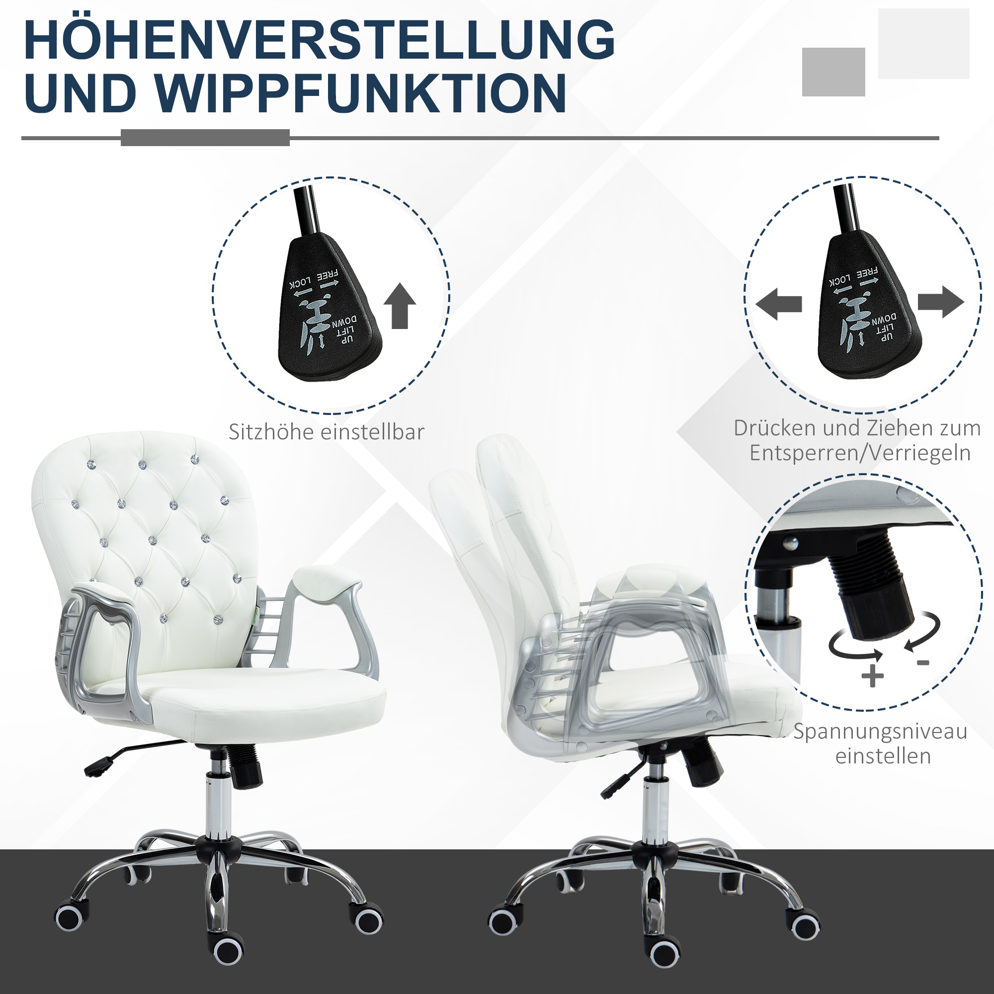 Bürostuhl, Ergonomisch Schreibtischstuhl mit Armlehne, Gepolsterter Rückenlehne Weiß