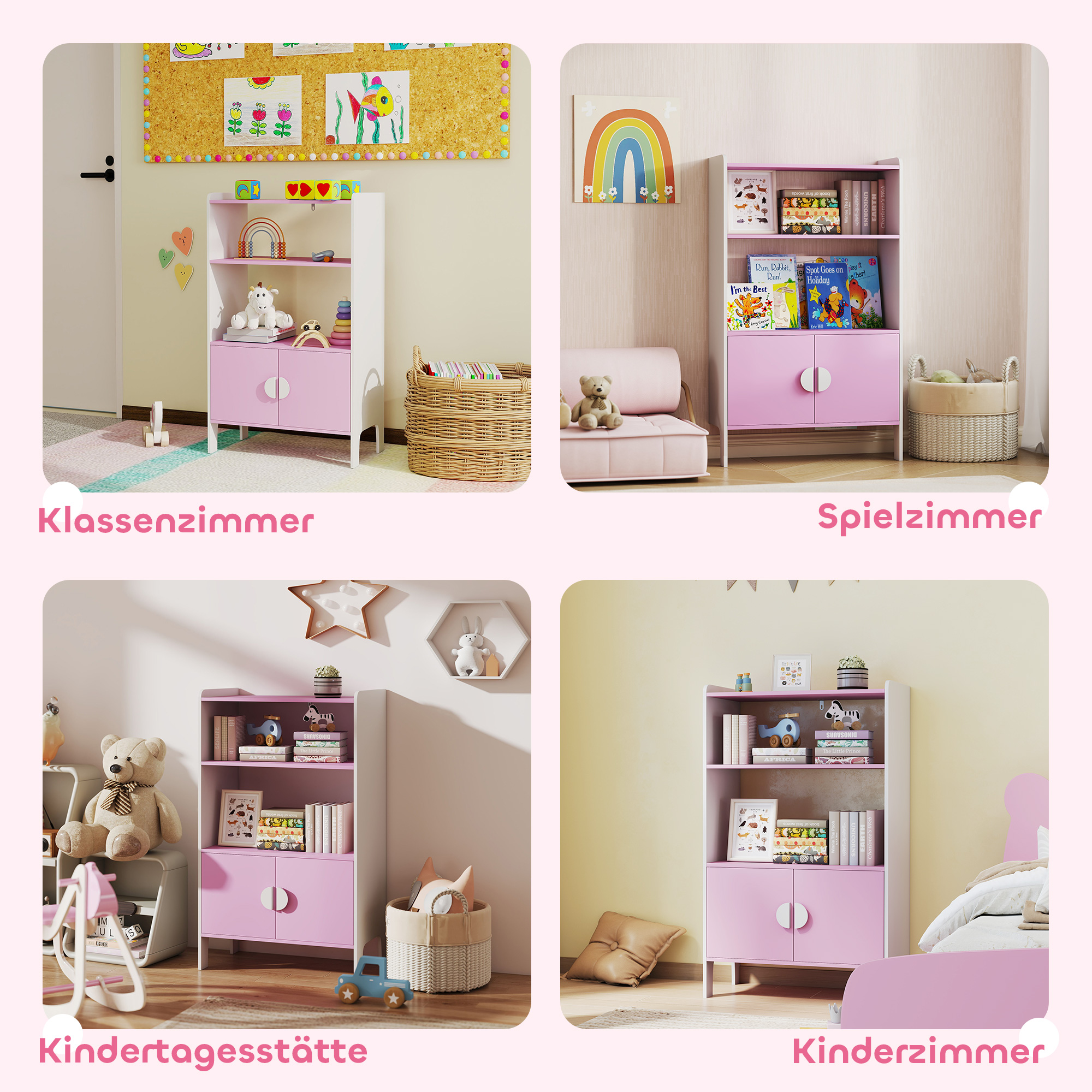 Bücherregal für Kinder, 2 Regale, 2 Schränke, freistehend, Anti-Kipp-Design, rutschfeste Füße, MDF, Rosa+Weiß