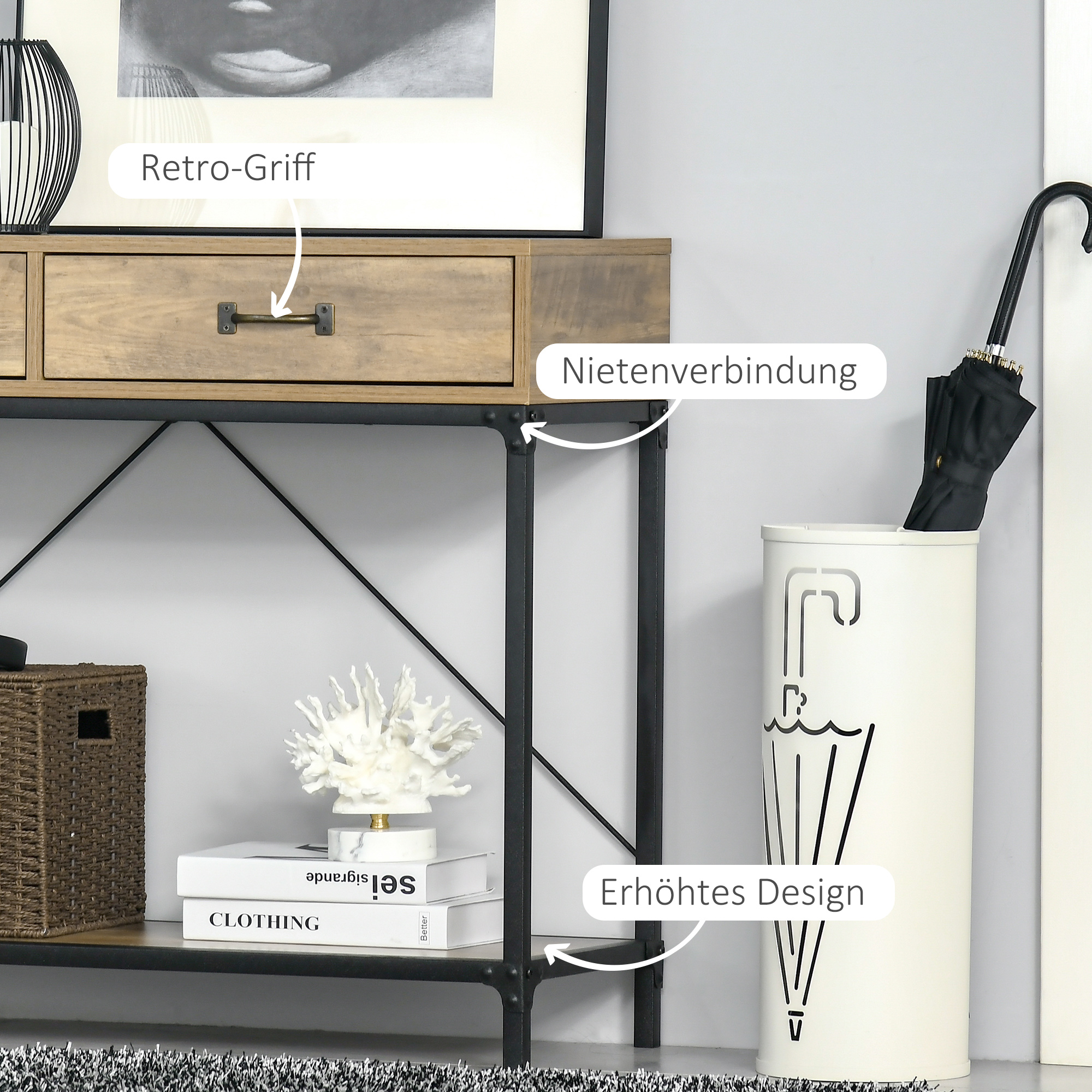 Konsolentisch Flurtisch mit Ablage und 2 Schubladen, 100 x 35 x 76,5 cm Beistelltisch Sofatisch Ausstellungstisch für Kleinen Raum, Eingang, Flur, Wohnzimmer Braun+Schwarz