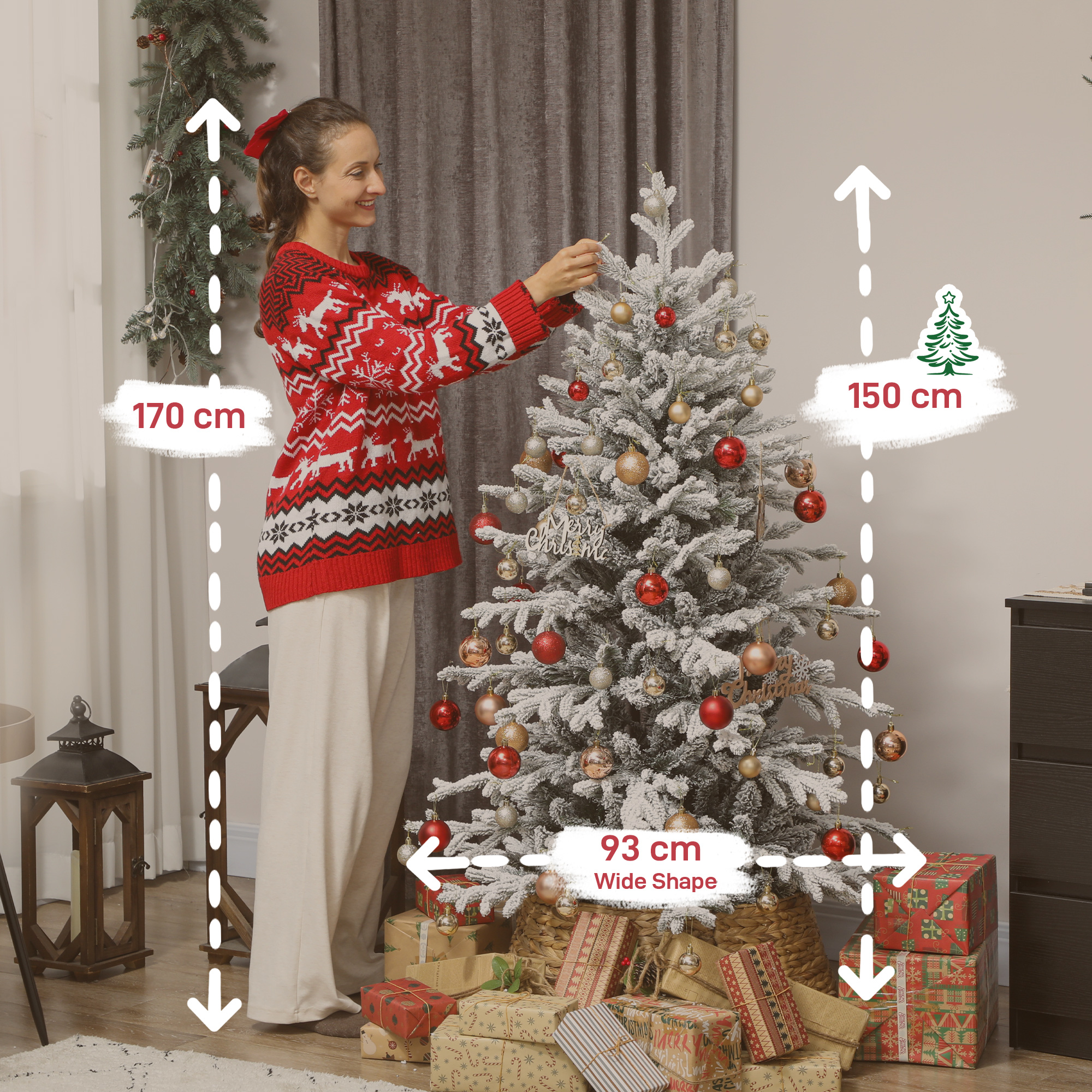 Künstlicher Weihnachtsbaum, 150cm Christbaum mit Schnee, 1162 Zweigen, klappbarem Metallständer