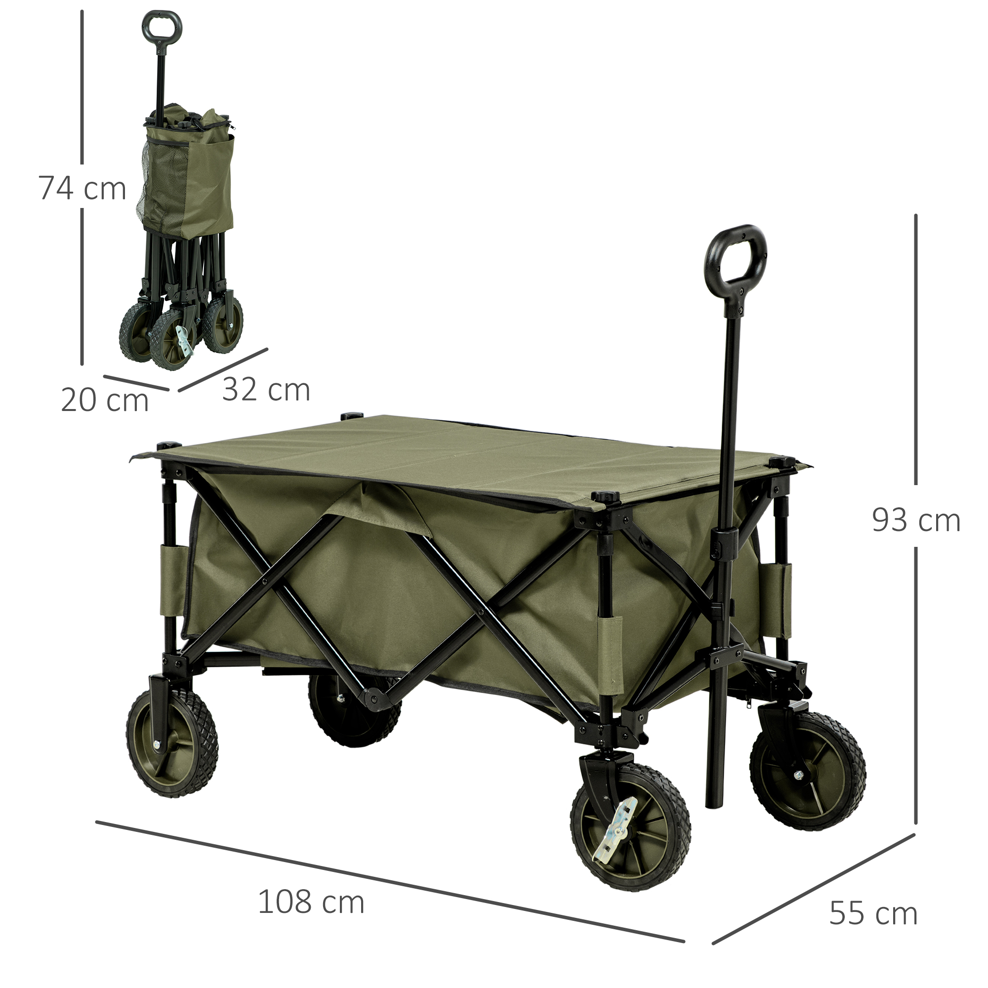 Bollerwagen, klappbar, 5 Seitentaschen, verstellbarer Griff, bis 120 kg belastbar, Stahl, 108 x 55 x 93 cm, Grün