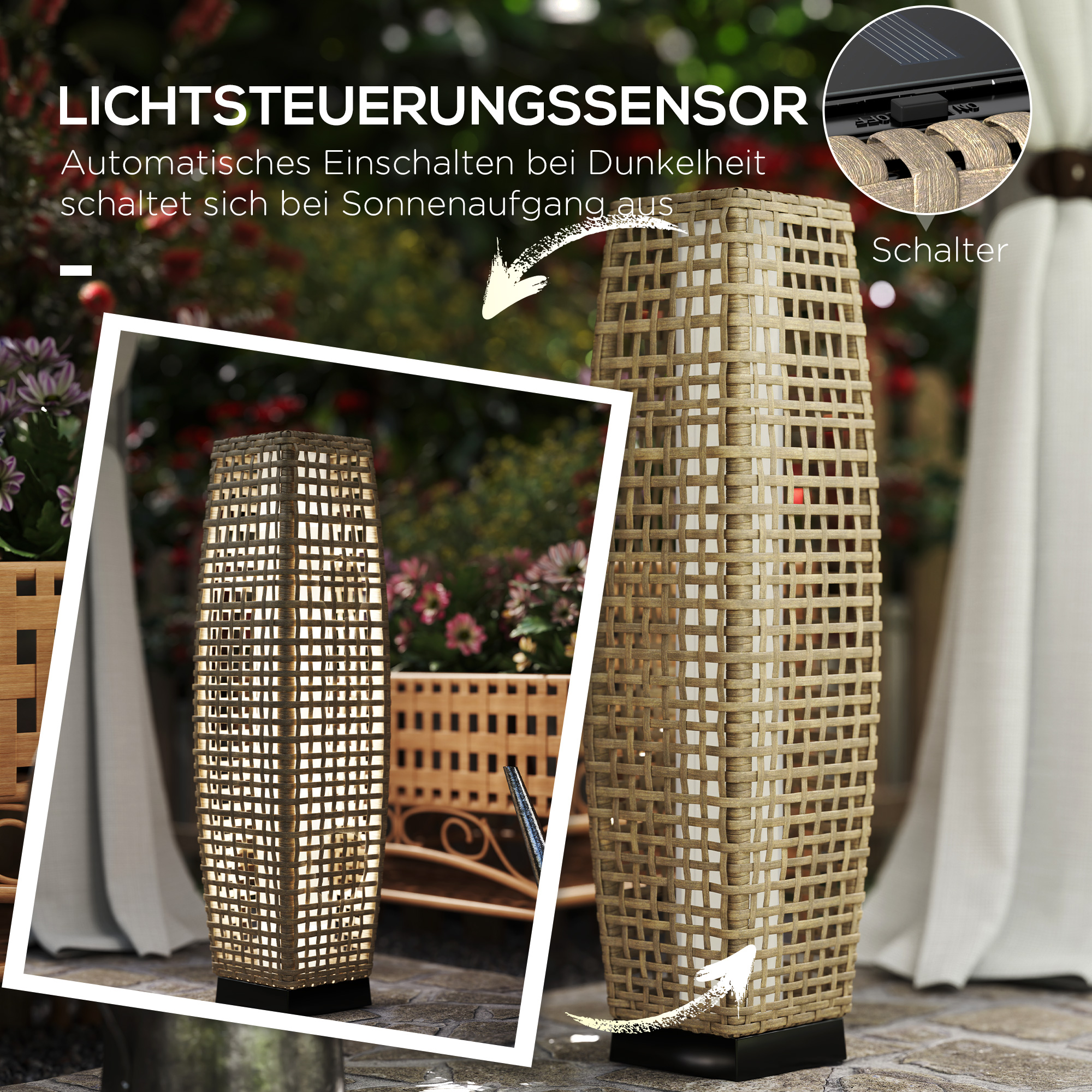 Solar Stehlampe Rattan Solarlampen mit Lichtsensor Automatische LED Solarleuchte im Boho-Stil IP44 Wasserdicht